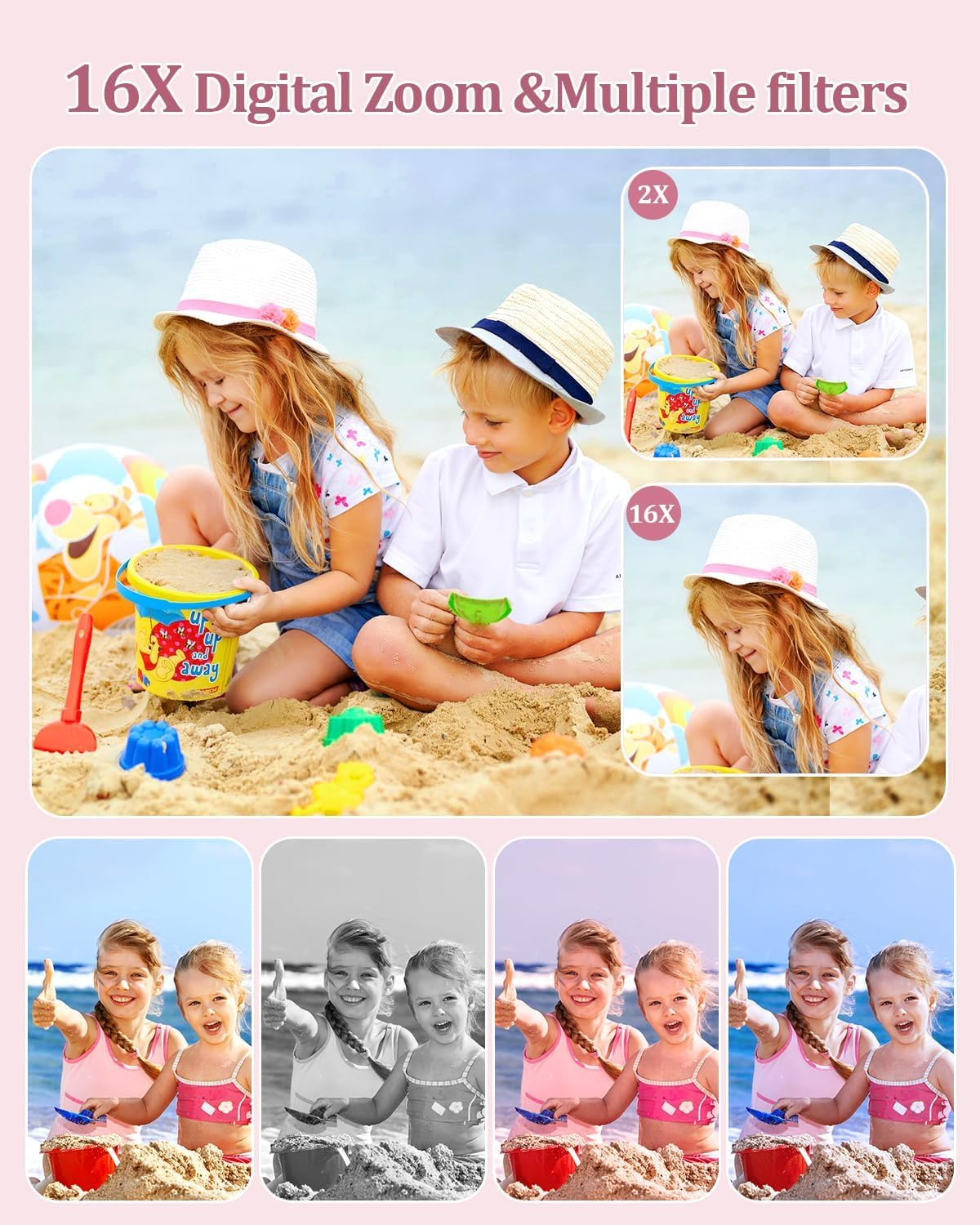 Upgrade Digital Camera, 50MP Full High Definition 1080P Camera with 16X Zoom anti Shake, Compact Camera for Kid Student Children Teen Girl Boy, Kids Camera with 32GB SD Card (Pink) - Green image number 3