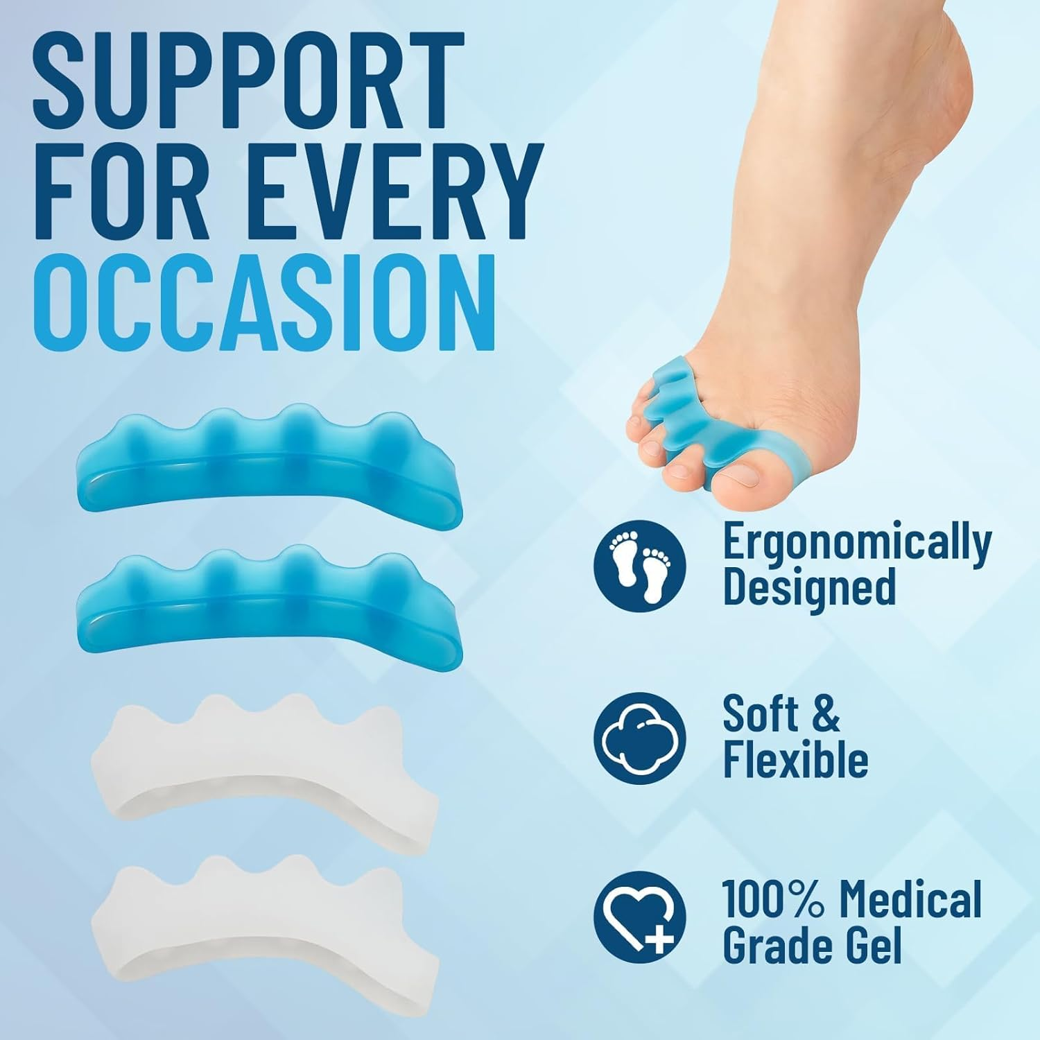 Toe Separators, 4 Pack Bridge Design Toe Spacers for Men and Women, Helps Relieve Bunion Pain, Hammer Toe and Plantar Fasciitis, Ideal for Yoga, Running and Daily Use (White and Blue) image number 6