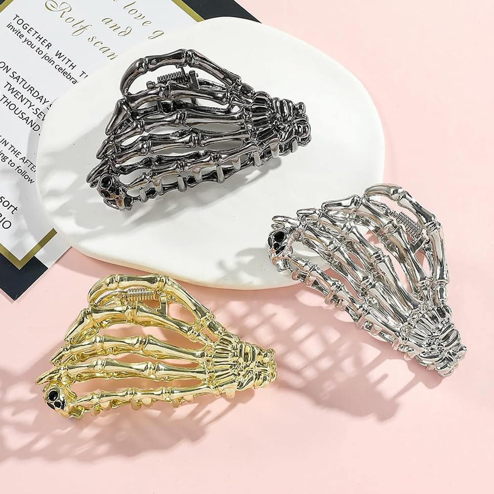 XFSRG Pack of 3 Women'S Gothic Skeleton Claw Clip Punk Non-Slip Hair Accessories for Halloween Party Cosplay (Set A) image number 3