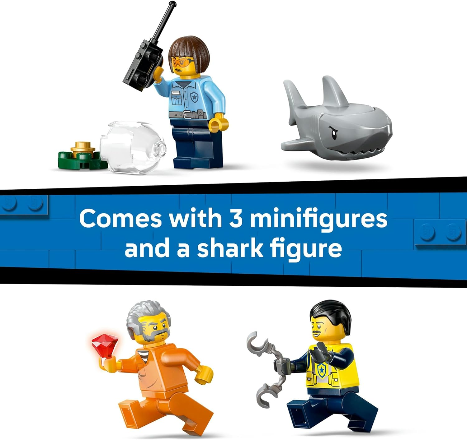 LEGO&reg; City Police Boat Chase 60456 Toy Building Set, Floatable Speedboat and Crook&rsquo;S Dinghy, Toy Idea for Everyday Heroes Aged 6 and Up, 1 Crook and 2 Police Officer Minifigures, plus a Shark Figure image number 4