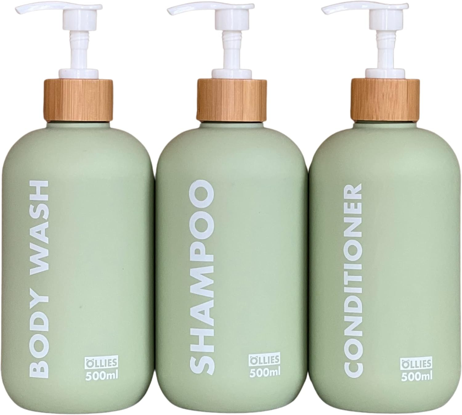 OLLIES Shampoo and Conditioner Dispenser, Shower Soap Dispenser for Bathroom-Set of 3 with Permanent Stylish Label-17Oz, 500Ml Refillable Shampoo and Conditioner Bottles Green image number 4