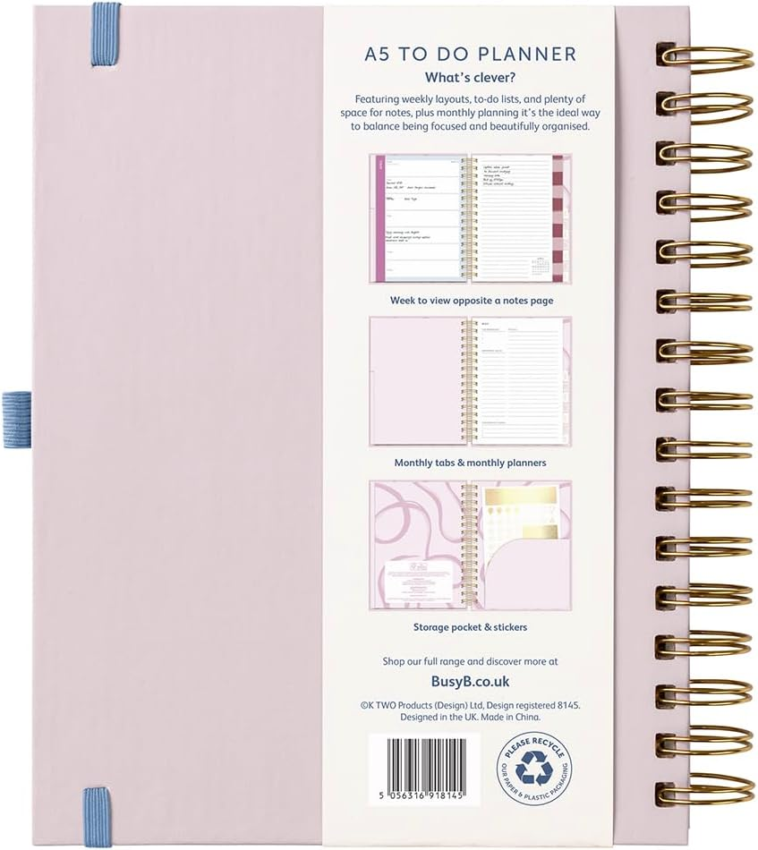 Busy B 2026 A5 Spiral Diary - Weekly Planner Journal &ndash; Desk Diary for Work or Home - Monthly Planning for Prioties and Goals with Tabs, Stickers, Pocket & Elastic Closure - Pink Graphic image number 3