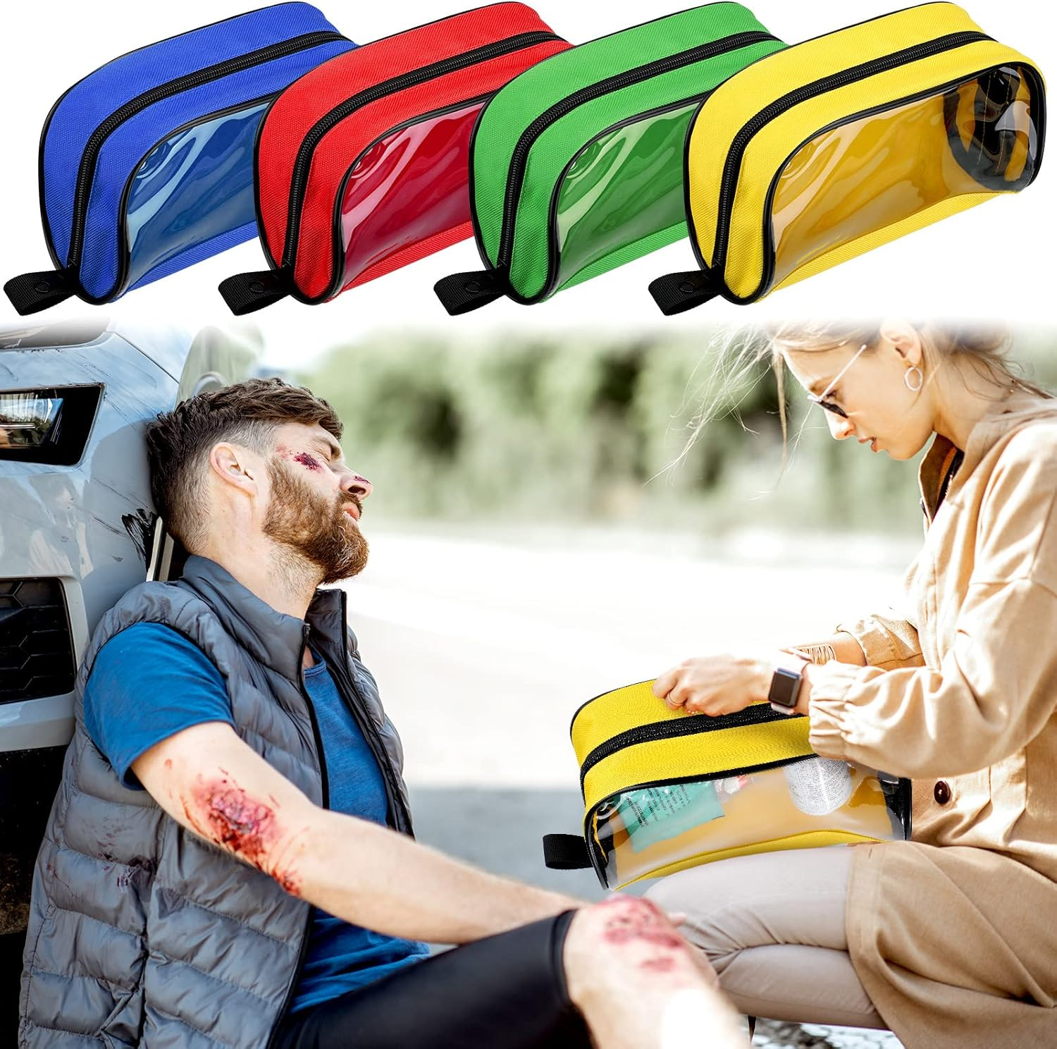 4 Pcs Empty First Aid Bag Color Coded Kit Accessory Pouches Zippered Organizer Storage Pouch Case with Transparent Window for Medical Supplies Travel, 4 Colors image number 5