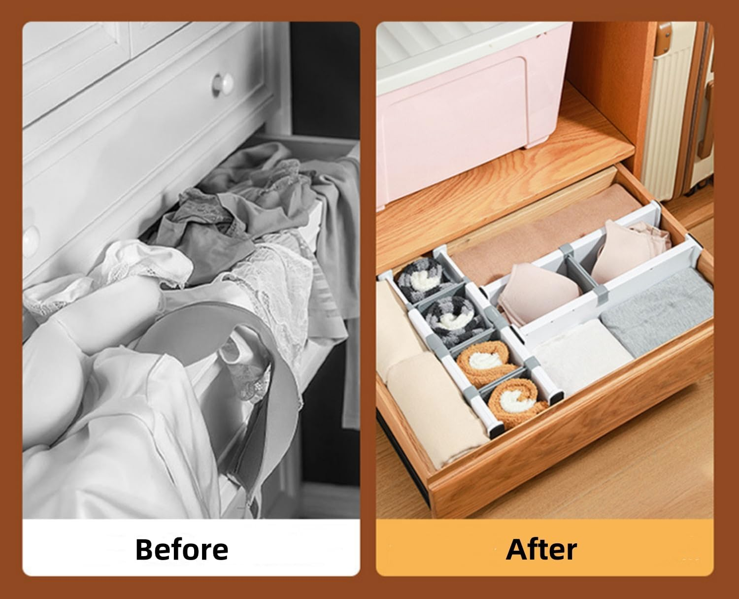 FORYUSE 4 Pack Drawer Dividers Expandable 27-44Cm with 6 Inserts Set Adjustable Separators Organiser for Closet Clothes Kitchen Utensils Office image number 5