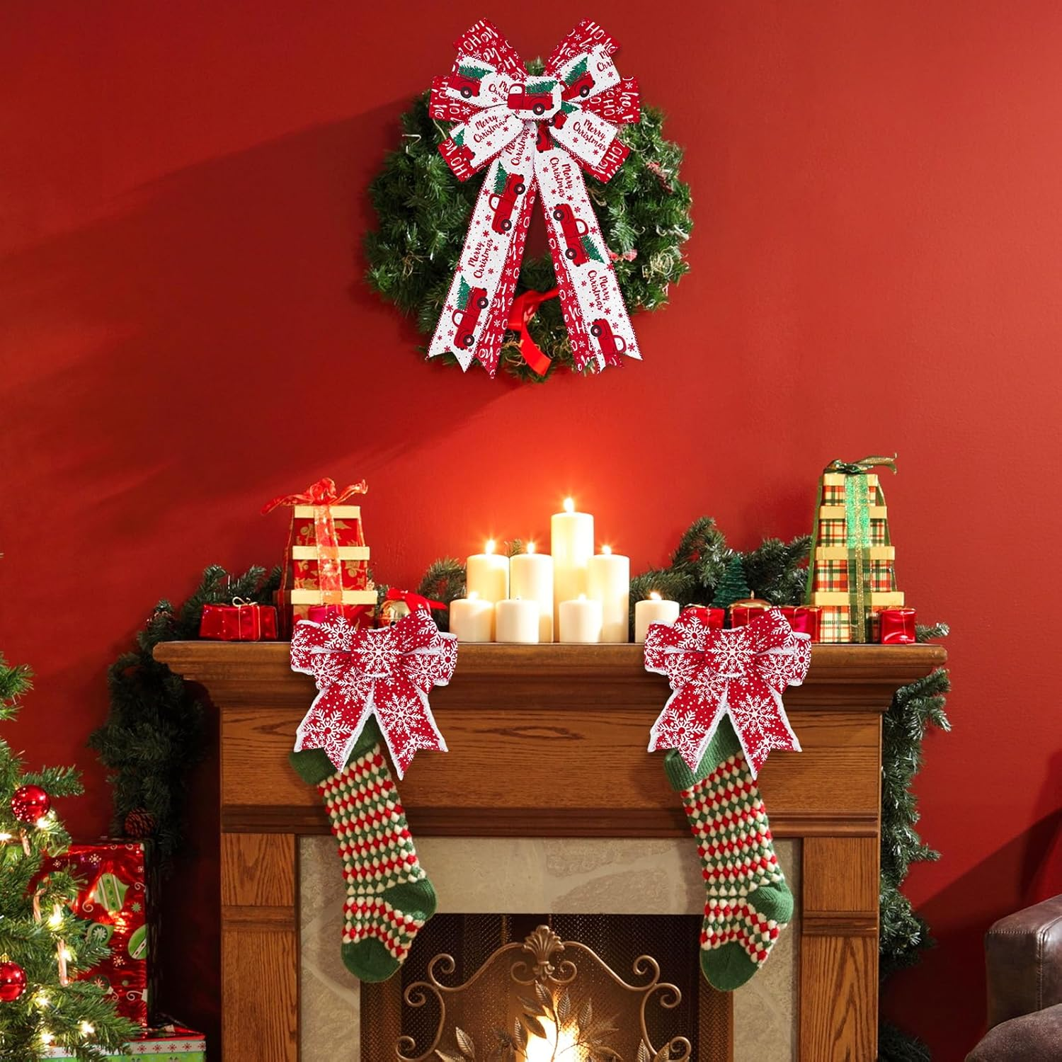 Anydesign 24 Yards Christmas Wired Edge Ribbon Red White Xmas Snowflake Truck Fabric Craft Ribbon for Wreath Bow Making Gift Wrapping, 4 Roll image number 4