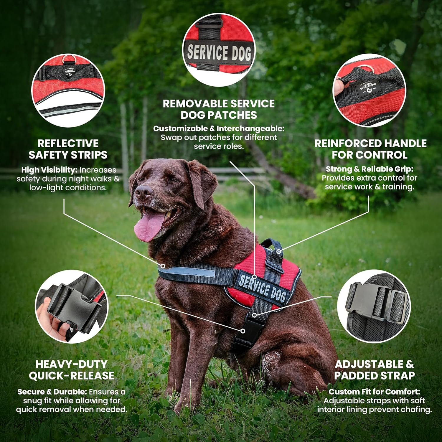 Industrail Puppy Emotional Support Vest Harness with Hook and Loop Straps and Handle, 2 Reflective Emotional Support Velcro Patches, Detachable, ESA Matching Leash Set, Dog Accessories, XXS, Red image number 3