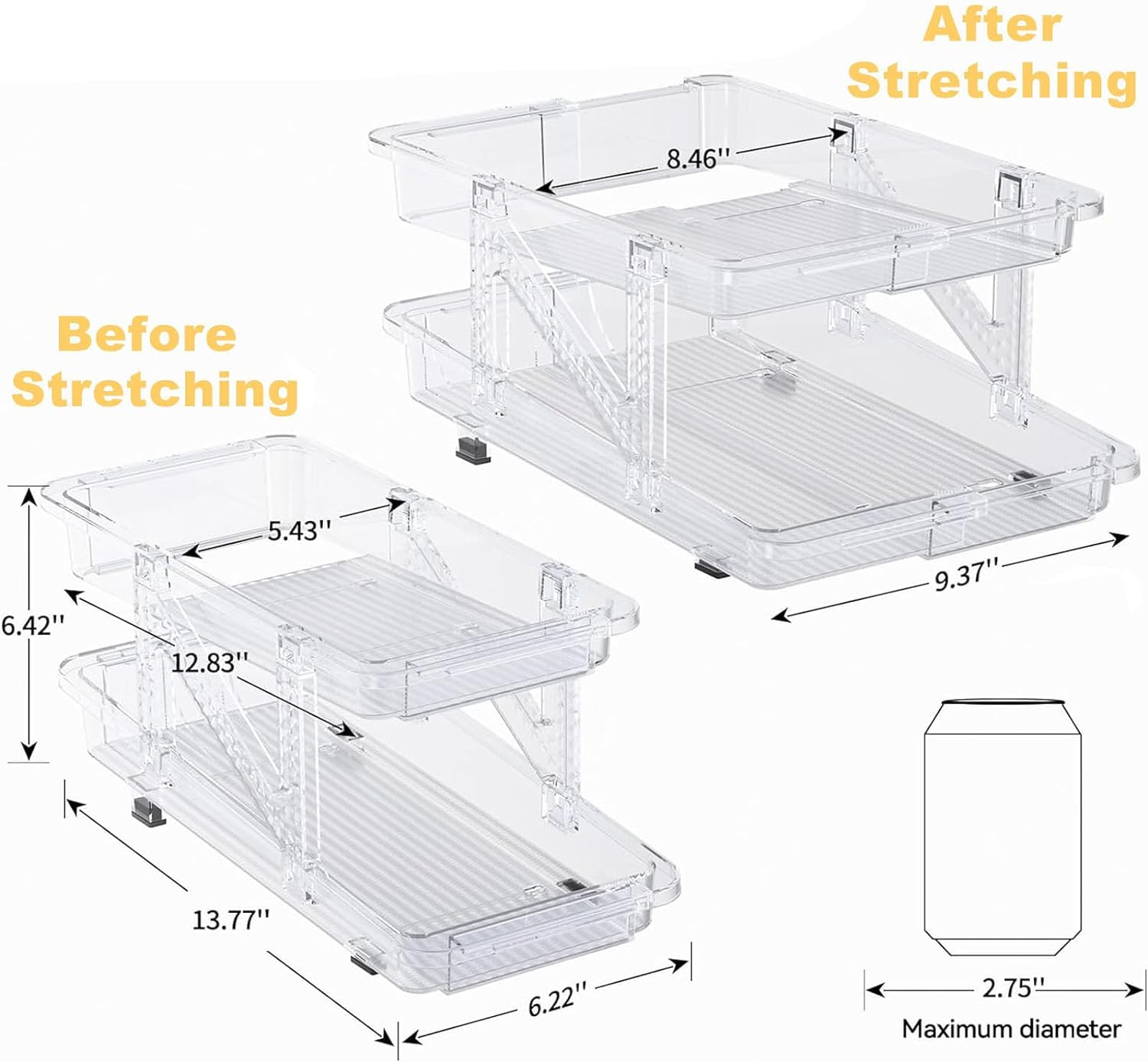 Soda Dispenser with Adjustable Width,Refrigerator Can Organiser,2-Layer Automatic Rolling Can Organiser Retractable Storage for Freezer,Kitchen, Fridge, Pantry, Cabinets, Clear image number 5