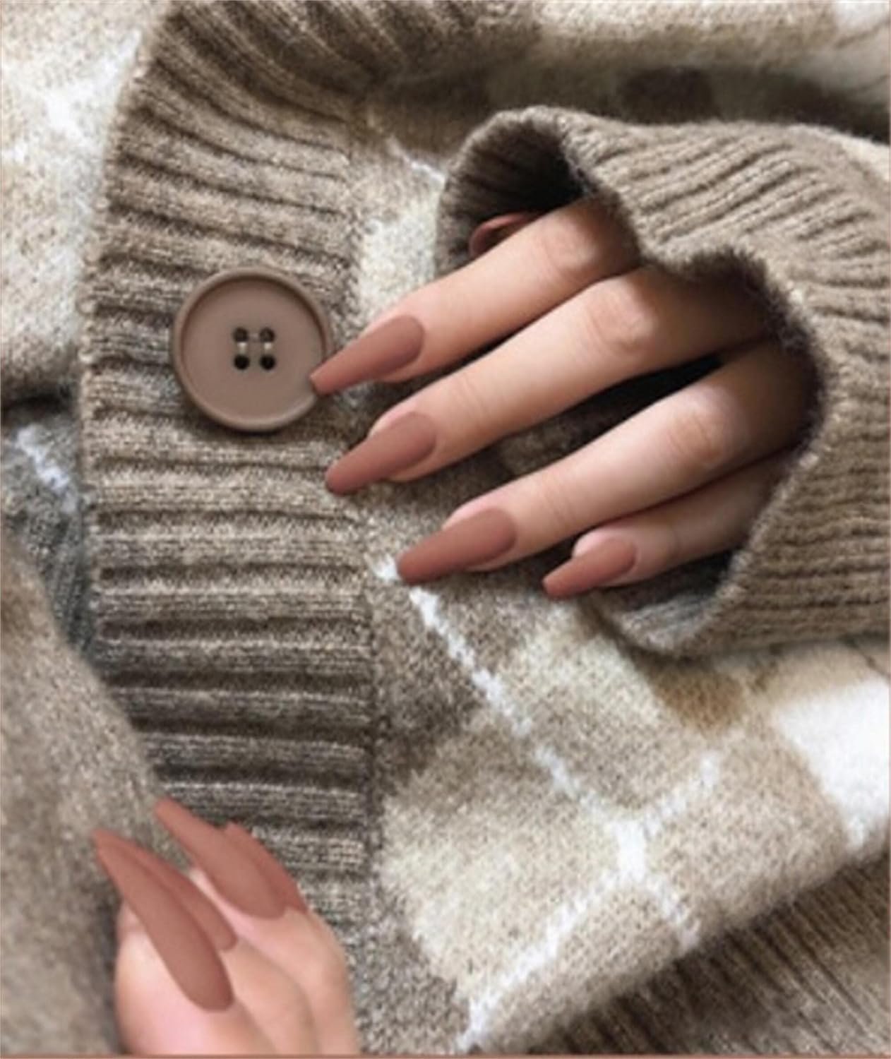 Matte Dark Chestnut Long Coffin Press on Nails| Full Set of 24 Nails | Reusable Nails | Fake Nails | Nail Art | Brown Nails | Stickers Tabs image number 2