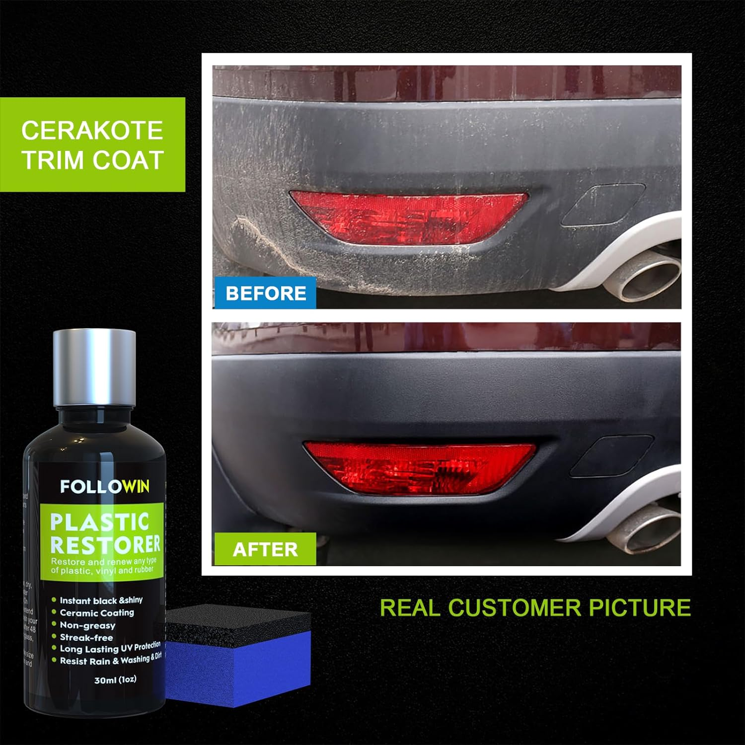 FOLLOWIN Plastic Restorer for Cars Ceramic Plastic Coating Trim Restore, Resists Water, UV Rays, Dirt, Ceramic Coating, Not Dressing, Last over 200 Washes, Highly Concentrated, 30Ml image number 6