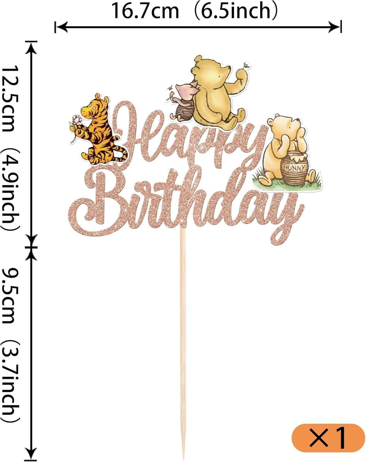 SYKYCTCY 1 Pack Winnie Happy Birthday Cake Topper Glitter Classic Birthday Cake Pick Cute Winnie Bear Cake Decorations for Baby Shower Bridal Shower Kids Birthday Party Supplies (Rosegold) - Rosegold image number 2