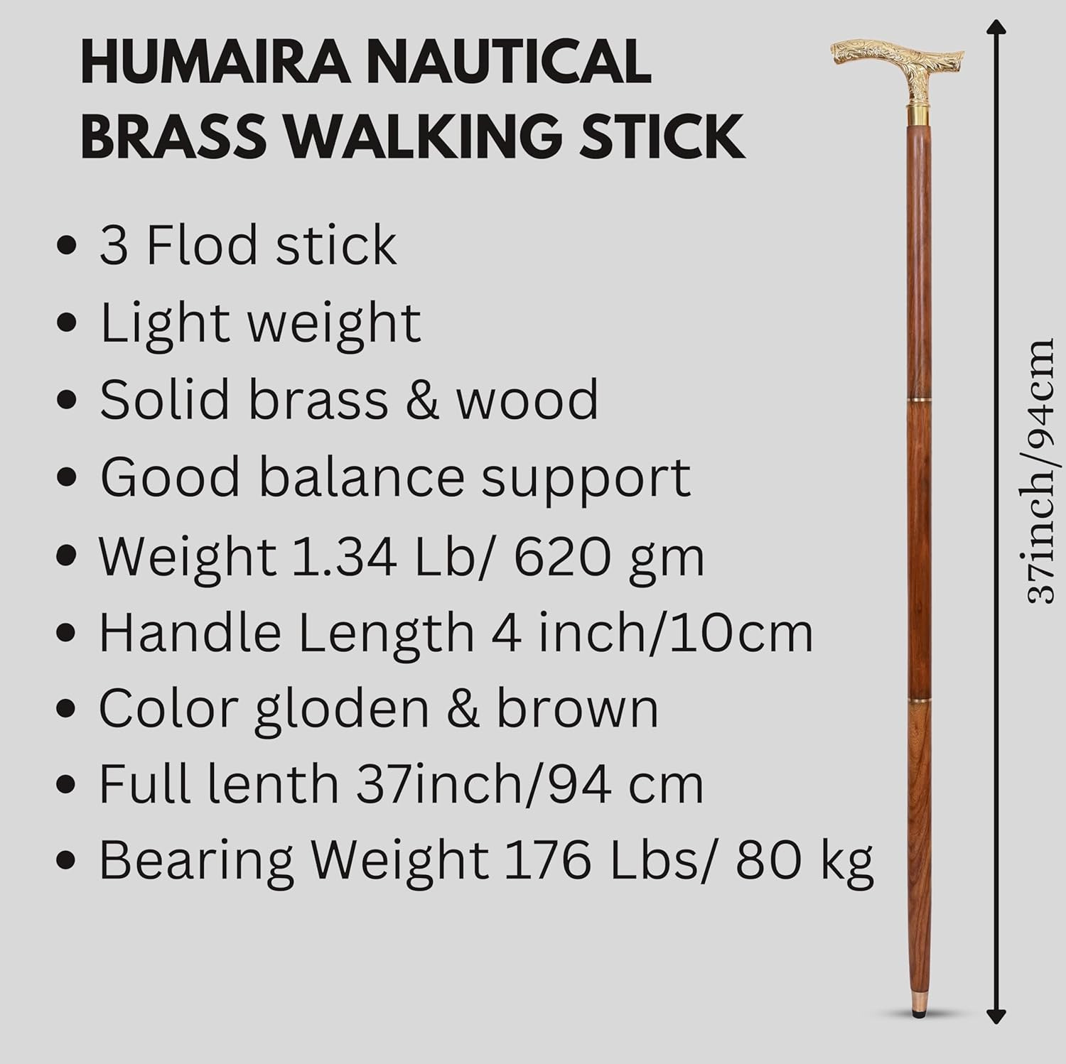 Humaira Nautical Walking Stick - Men Derby Canes and Wooden Walking Stick for Men and Women - 37" Brown Ebony Brass T Shape Handle in Golden Tone Natural Wood Unisex Cane image number 4