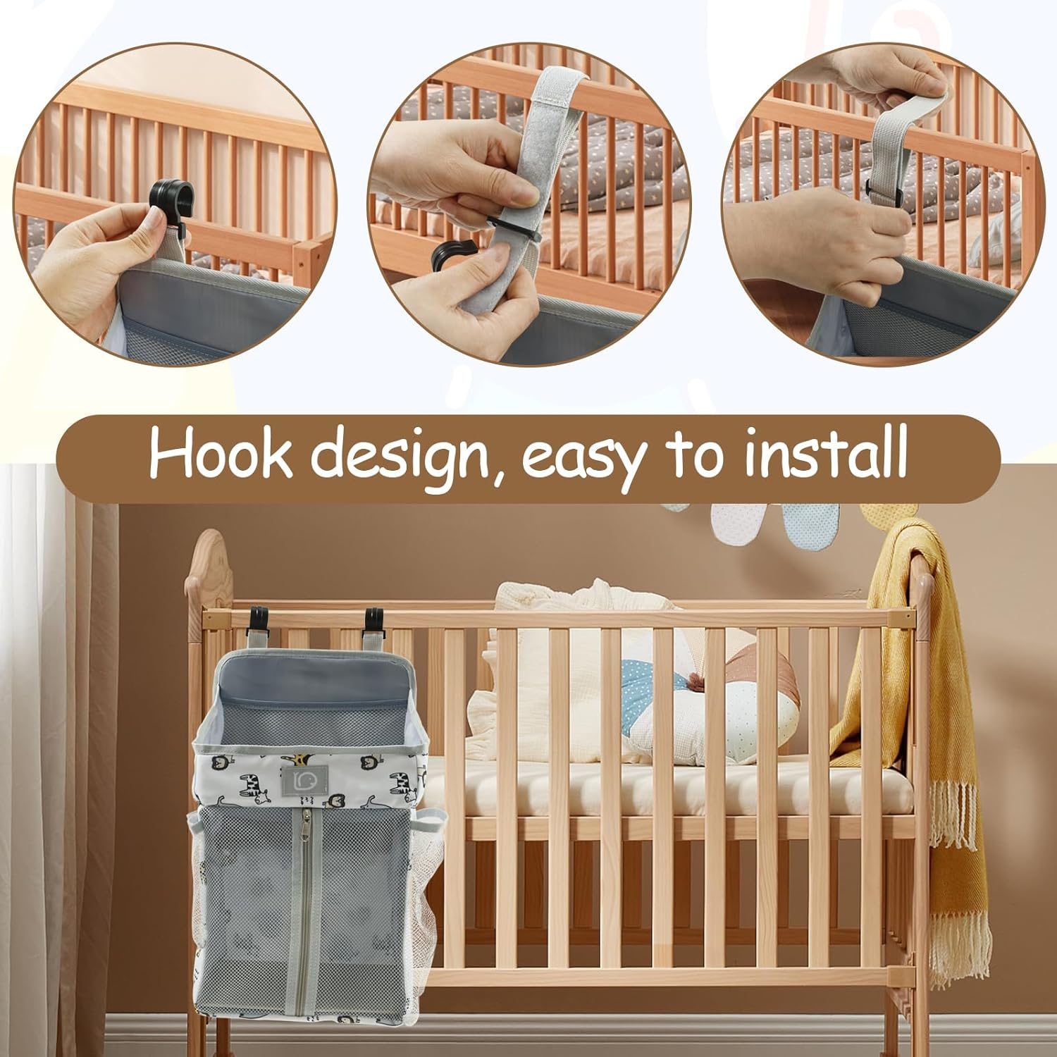 Baby Crib Hanging Caddy Organizer, Multi Pocket Baby Diaper Hanging Bag, Nappy Stack Organizer, Machine Washable for Wipes Nursery (White Animal) - White Animal image number 2