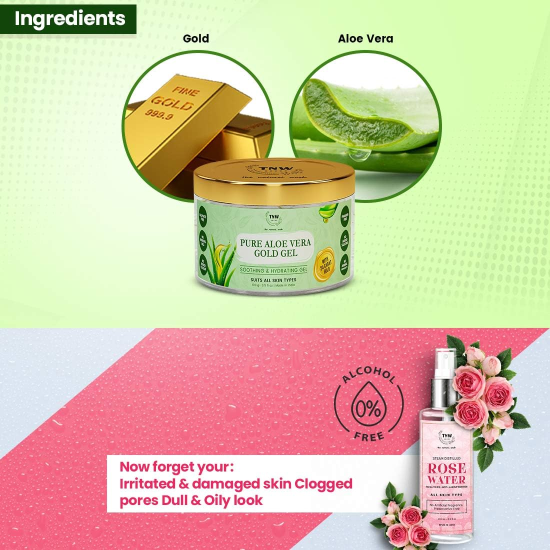 TNW-THE NATURAL WASH Distilled Rose Water and Pure Aloe Vera Gold Gel, 200 Ml, Pack of 1 image number 2