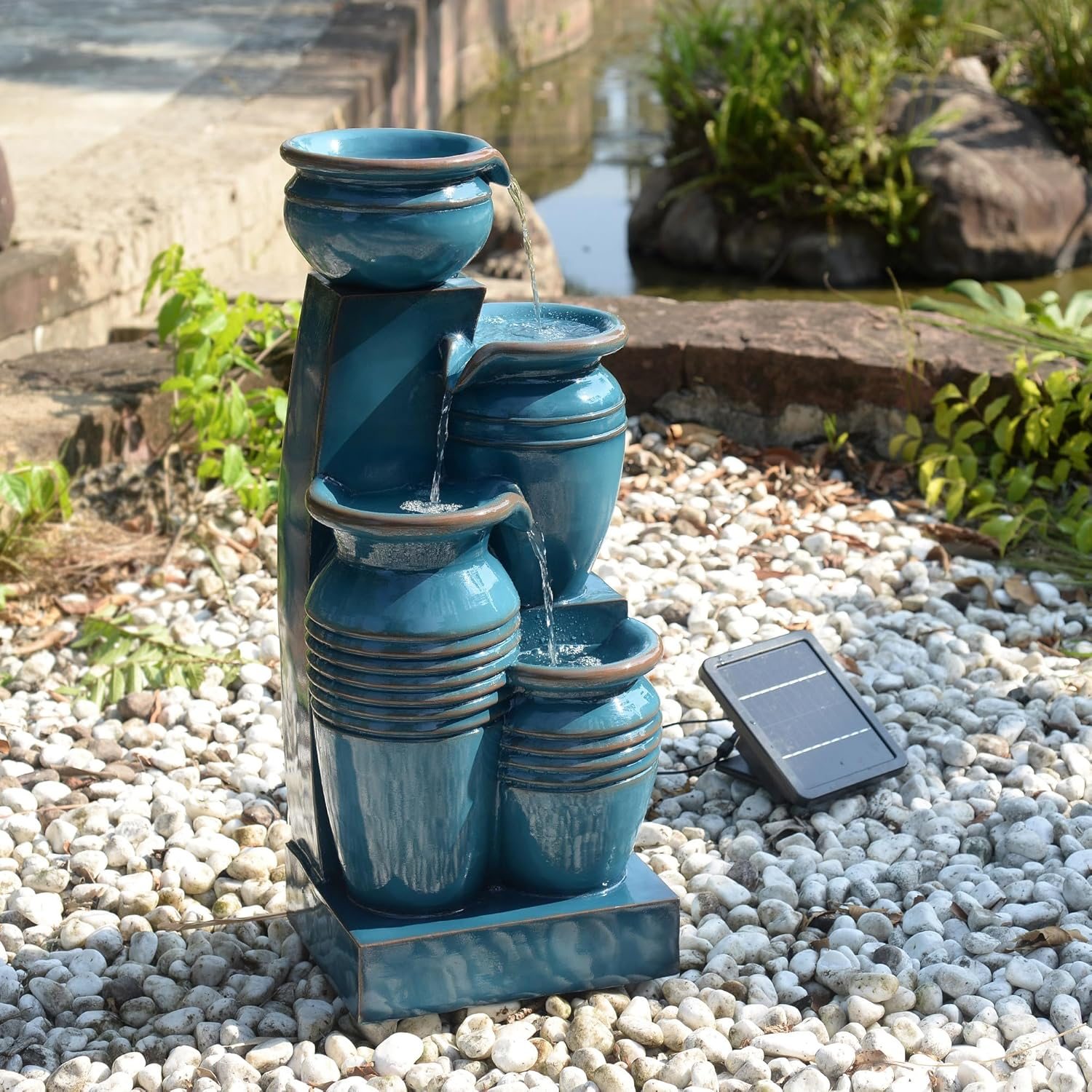 Teamson Home Solar Powered Outdoor 4 Tier Cascading Bowl Fountain 28.7In, Blue - Blue image number 3