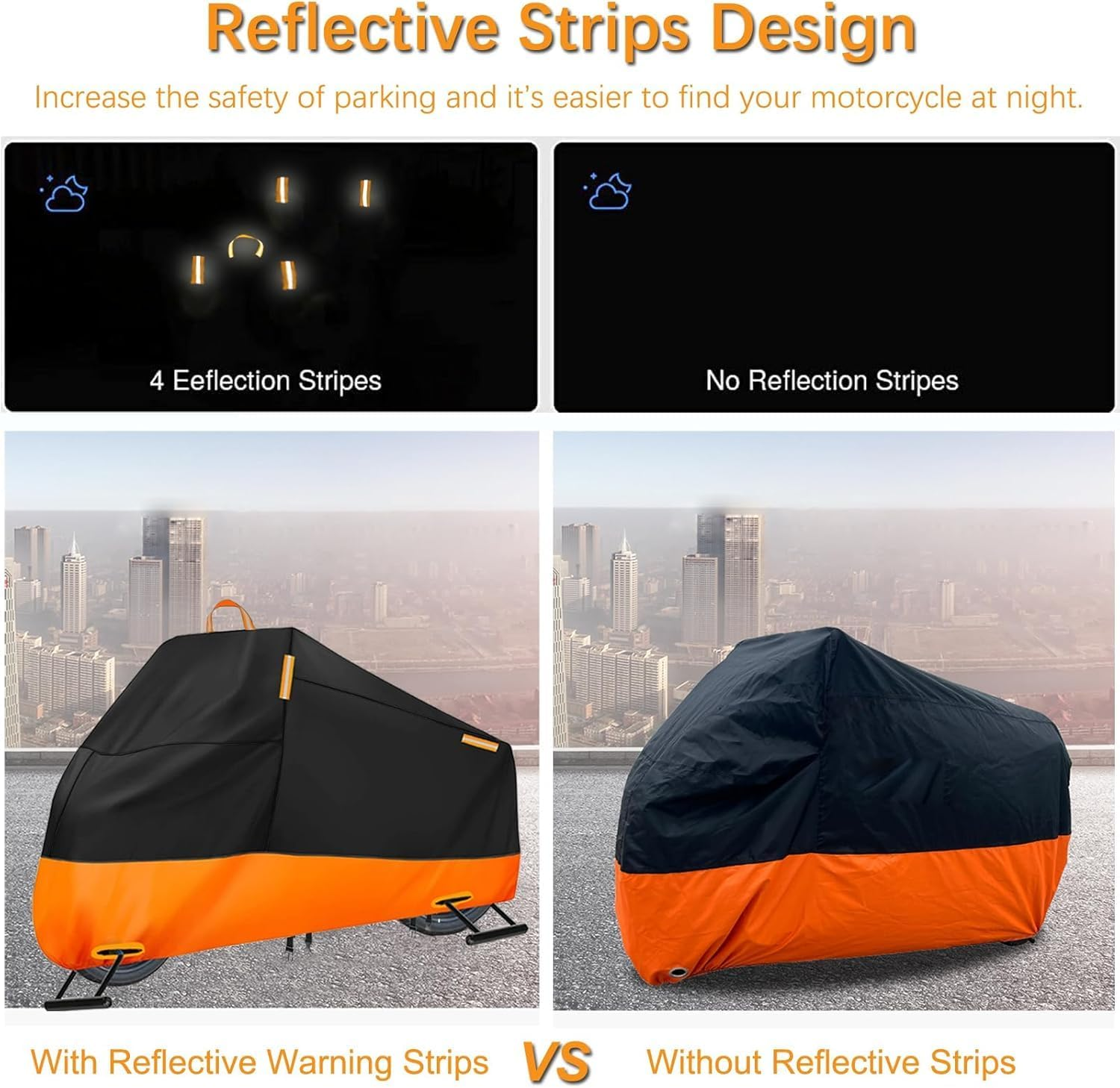 Motorcycle Cover All Season,Quality Waterproof Sun Outdoor Protection Scooter Shelter Tear Proof Night Reflective & Lock-Holes Storage Bag Fit up to 105" Motorcycles Yamaha,Honda,Suzuki,Harley