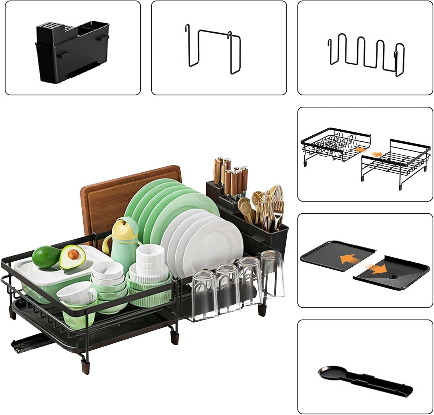 Stusgo Sink Metal Dish Drying Rack Kitchen Dish Rack, Dish Racks 360&deg; Rotating Scalable Drainer Board，Foldable Sink Dish Rack,Dish Drainers for Kitchen Counter Free Drainer Rack (Black) image number 5