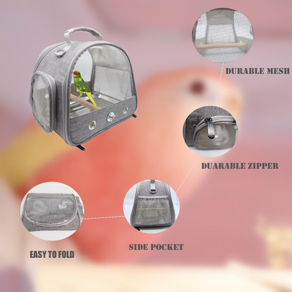 Bird Travel Carrier with Stand Perch and Stainless Tray,Portable Small Bird Parrot Parakeet Cockatiel Carrier for Hiking,Airline Approved. (Grey) image number 6