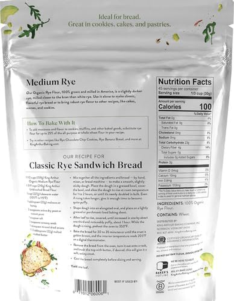 King Arthur Flour Organic Medium Rye Flour for Complex Flavorful Breads & Baked Goods, 100% Organic Non-Gmo Project Verified, 3 Pounds (Pack of 1)