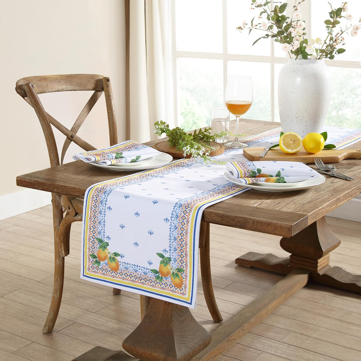 Elrene Home Fashions Capri Lemon Double-Bordered Mediterranean Fabric Tablecloth, Rectangle, 60 Inches X 84 Inches