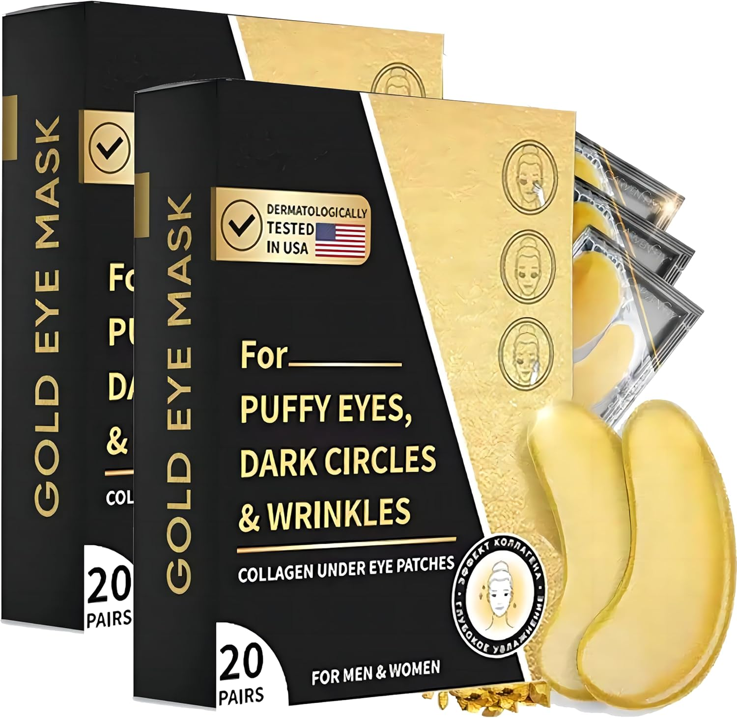 24K Gold Eye Mask, 20 Pairs Eye Patches, Collagen under Eye Mask, Wrinkle Patches for Dark Circle Puffiness, Refresh, Revitalizing, Travel, Self Care Gifts for Women