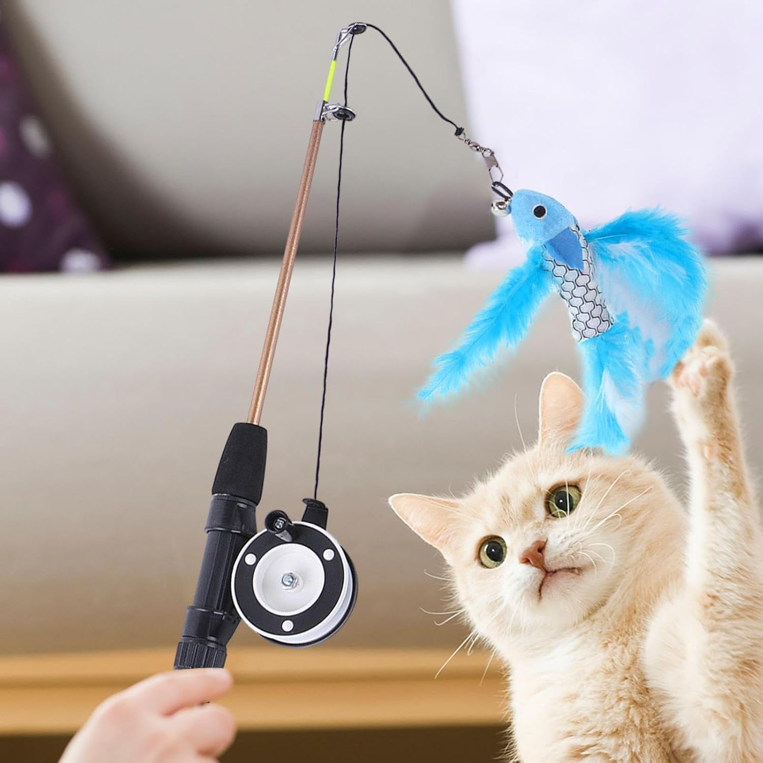 Lmyit Fishing Pole Cat Toy,Retractable Cat Wand Toy for Indoor Cats - Interactive Cat Toys Kitten Exercise Toys with 2-Section Fishing Pole for Indoor Outdoor Cats image number 1
