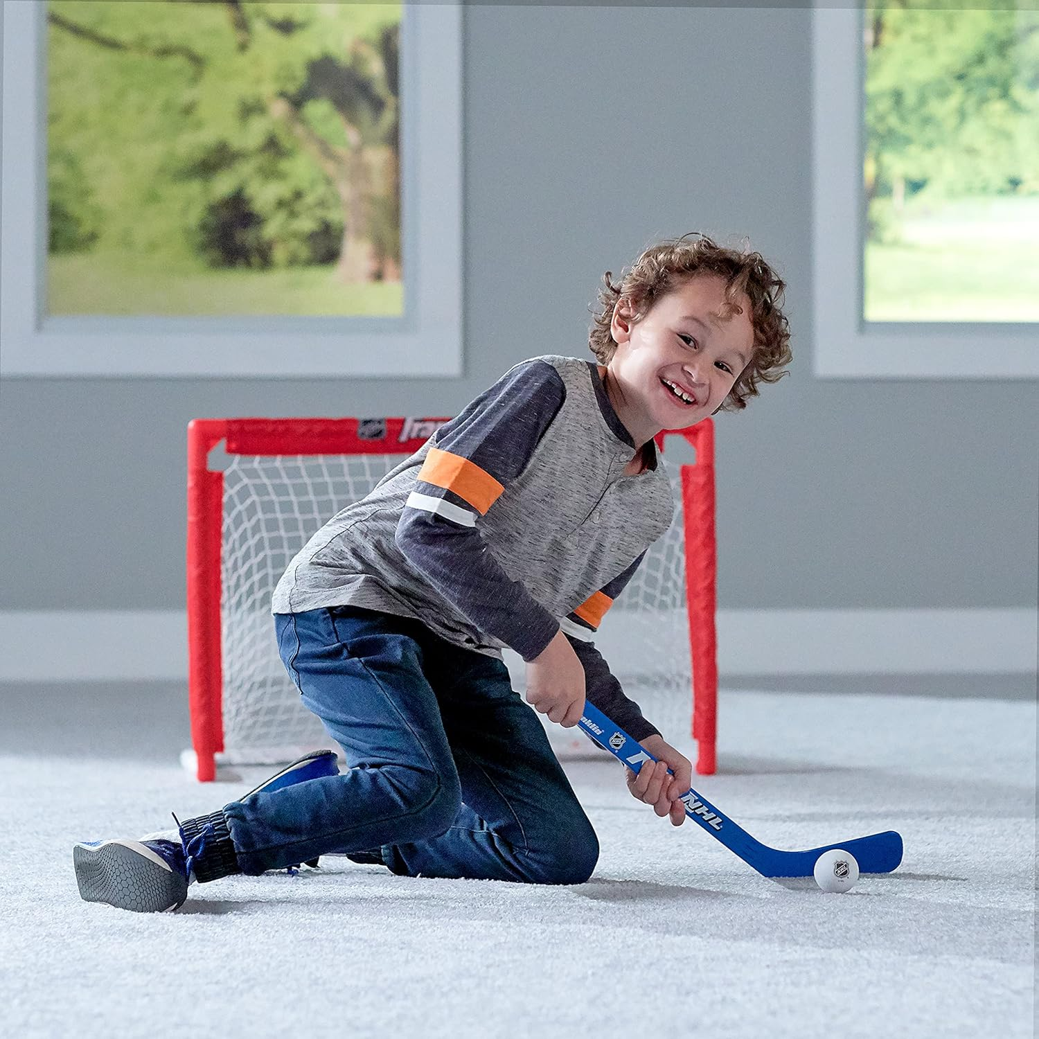 Franklin Sports NHL Kids Mini Hockey Set - Includes 1 Knee Hockey Goal - 2 Mini Hockey Sticks + 2 Foam Balls - Indoor Toy Mini Hockey Goal + Sticks Set,Red image number 3