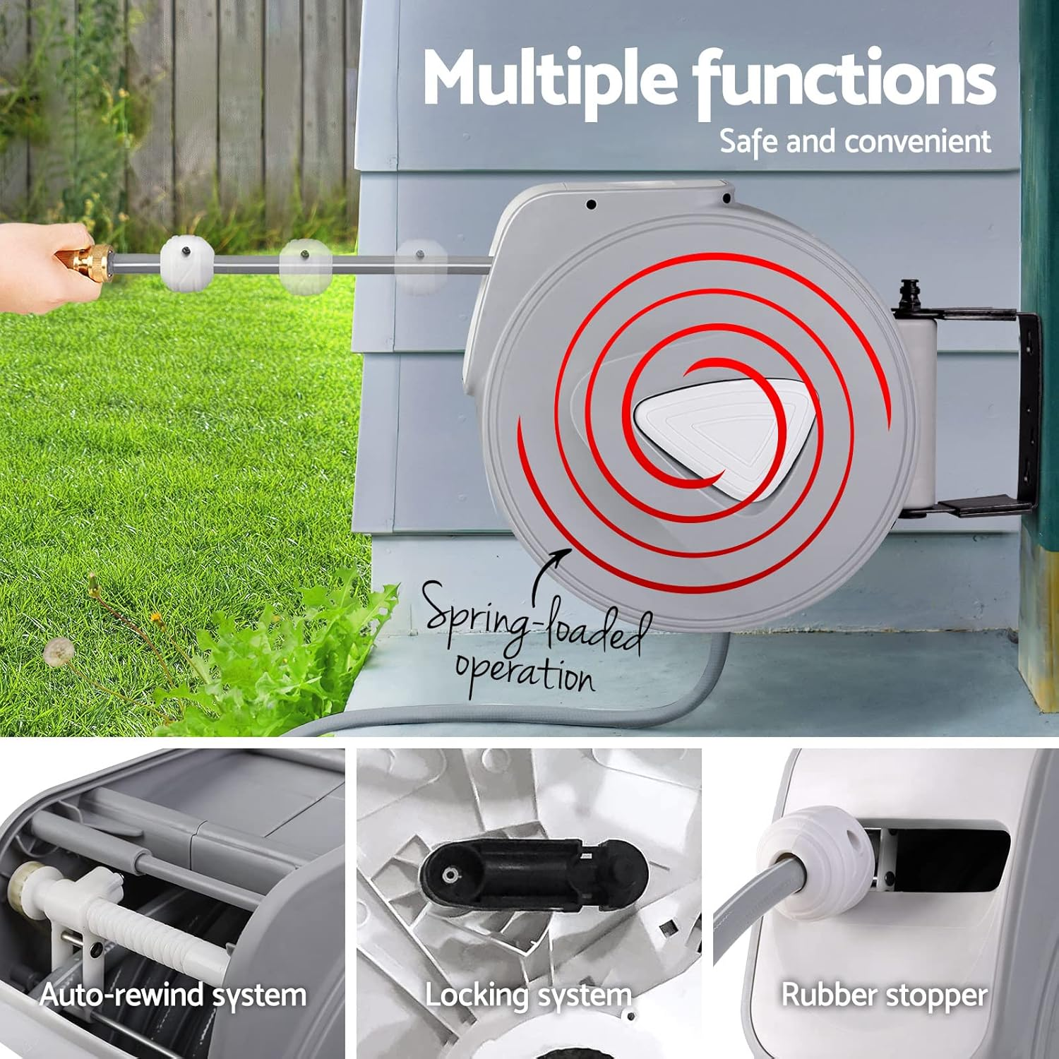 Retractable Hose Reel, 20M Garden Pressure Water Washer Spray Gun Auto Reels Hoselink Wall Watering Hoses Indoor Outdoor Retracting Storage, 180&deg; Swivel Mount Built-In Handle Rubber Stopper Grey image number 7