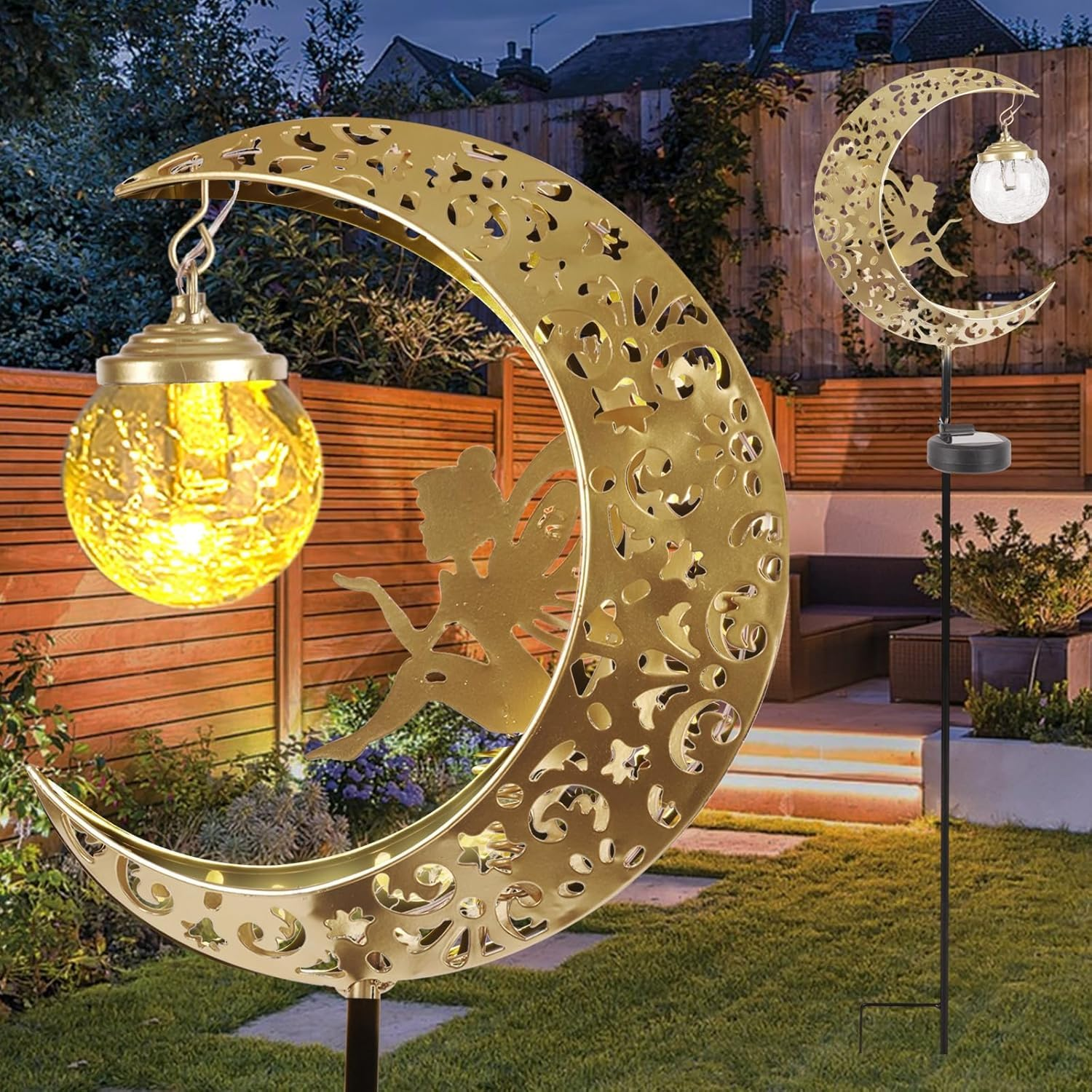 Solar Lights Outdoor Garden Decor LED Moon Fairy Crackle Glass Lights Waterproof Metal Stake Ornament for Patio Lawn Yard outside Decorations- Unique Gift Ideas for Gardening (Warm White)