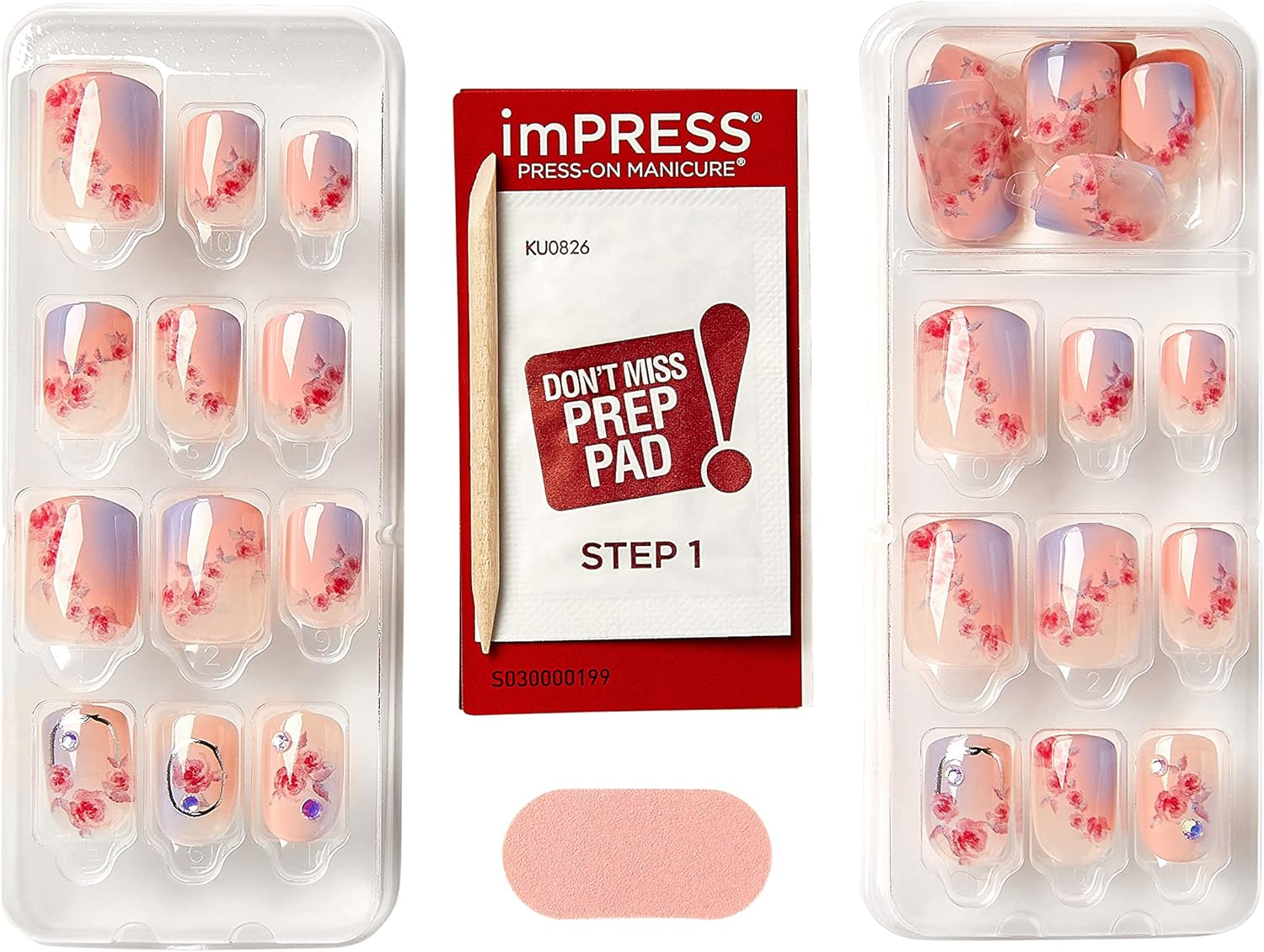 Impress KISS Loveshackfancy X Press-On Manicure Limited Edition, Style "Sunkissed Peach" Short Square Pink Press-On Nails, Includes Prep Pad, Mini Nail File, Cuticle Stick, & 30 Fake Nails image number 5