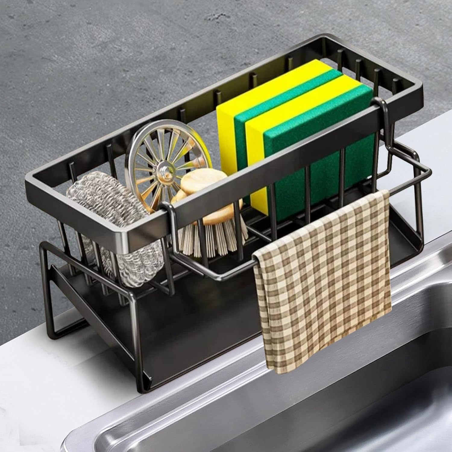Kitchen Sink Caddy Organiser with Removable Dish Cloth Hanger, Sponge Holder for Kitchen Sink with Self Draining Tray, Stainless Steel Dish Soap Holder image number 1