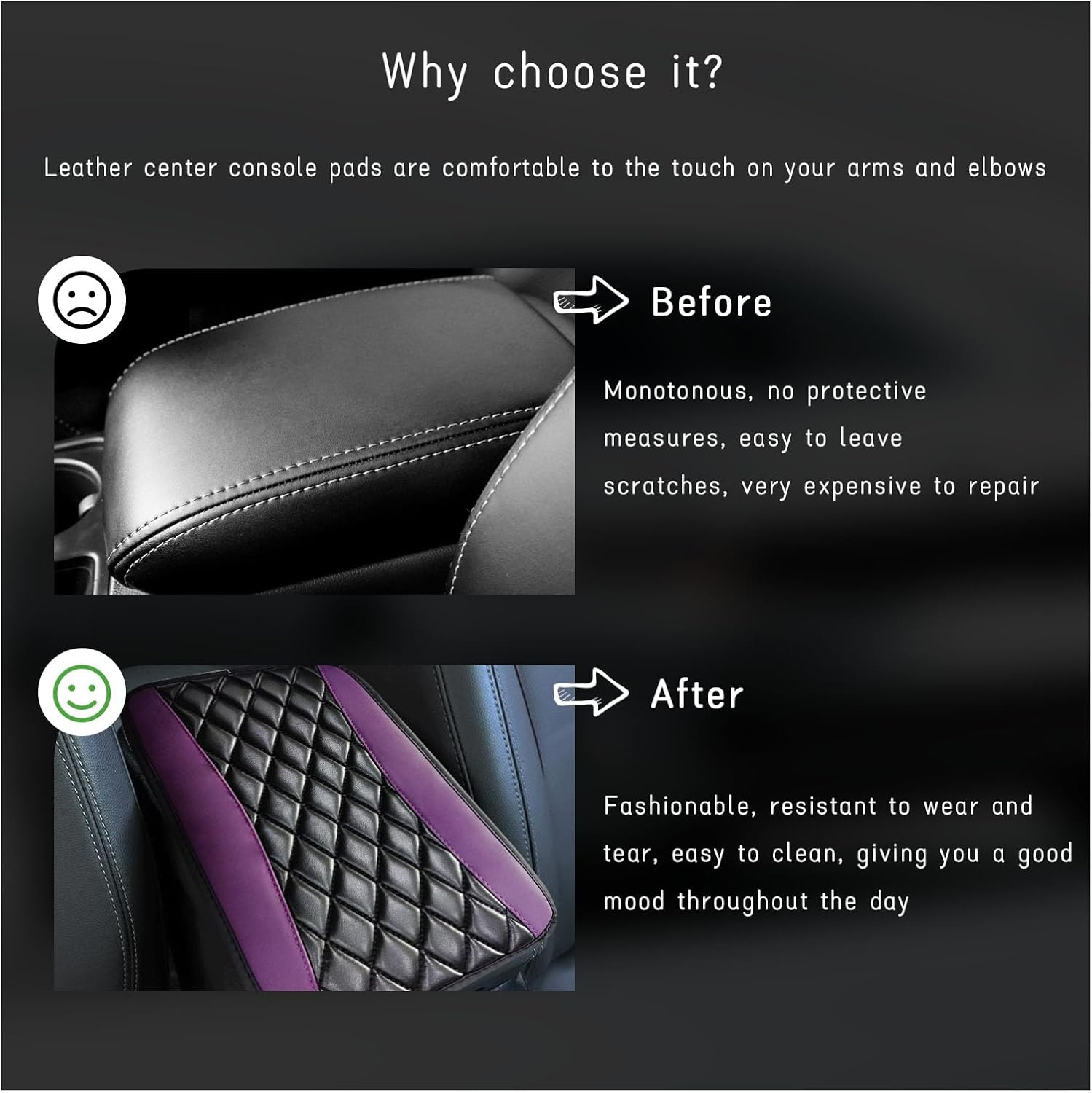 Car Center Console Cushion Pad, Universal Leather Waterproof Armrest Seat Box Cover, Comfortable Auto Armrest Cover Protector, Car Interior Decor Accessories for Most Vehicles (Purple) - Black  Beige image number 2