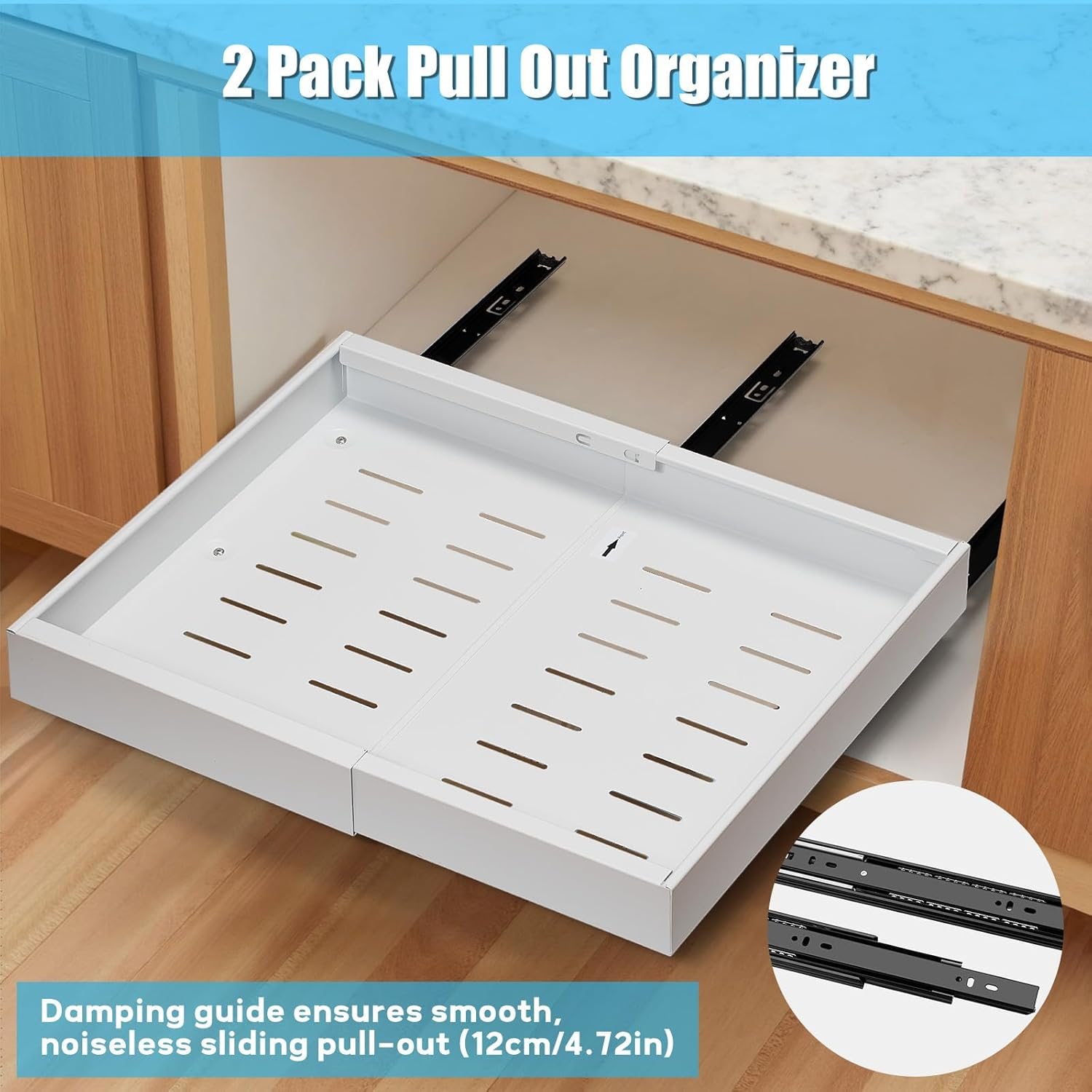 2 Pack Pull Out Drawers for Cabinets - Adjustable Expandable Organizer with Adhesive Film Fixing Screw, Slide Out Drawers Shelves Width 31-52Cm, Ideal for Pantry Storage Kitchen Organisation Bathroom image number 1