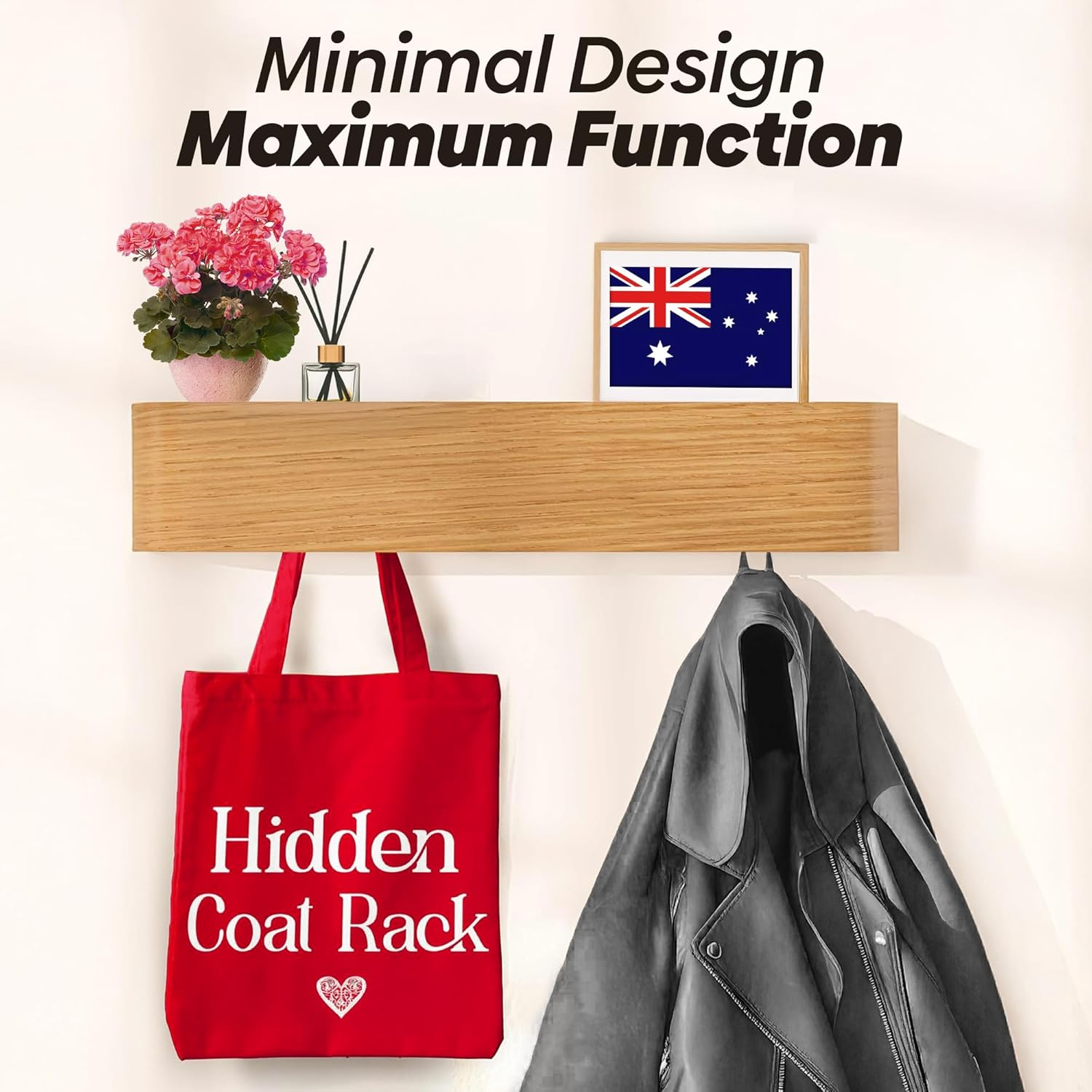 PEACE KINGDOM Wall-Mounted Wooden Coat Rack with Shelf, 50 Cm Modern Design Entryway Hat Towel Robes Coat Hanger with Hidden Metal Wall Hooks for Office, Bathroom, Living Room and Bedroom (Oak)