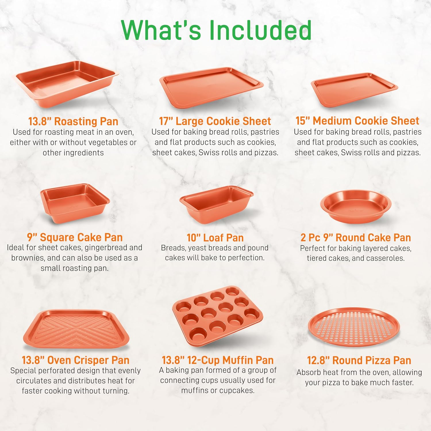 Nutrichef 10-Piece Nonstick Oven Baking Pan Set - Premium Carbon Steel Bakeware W/Cookie Sheets, Loaf & Cupcake Pans, Perforated Crisper Pans, round & Square Roasting Pans, Easy to Clean - Copper image number 1