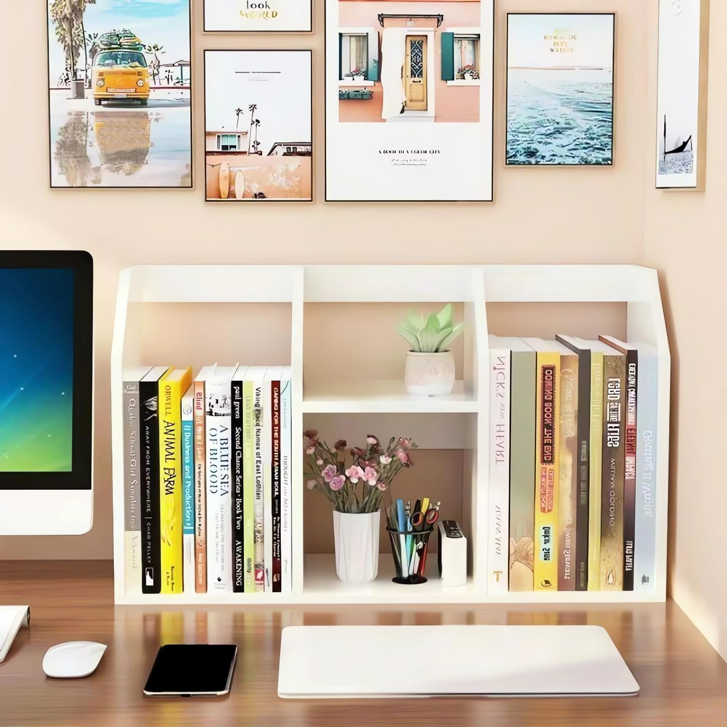 Hbluefat Desktop Bookcase/Bookshelf, Wood Desk Storage Organizer,Tabletop Multifunctional Storage Shelf for Home Office (Black) - White image number 3