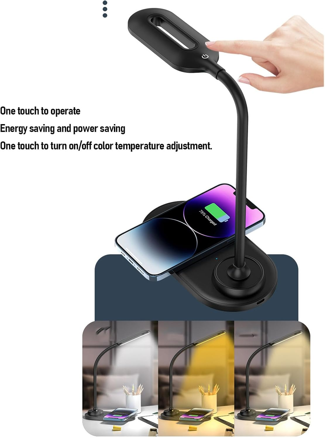 LED Desk Lamp with Wireless Charger for Home Office, Eye Caring 360 Degree Adjustable Reading Lamp with Wireless Charger, Stepless Dimmable Reading (Black) image number 2