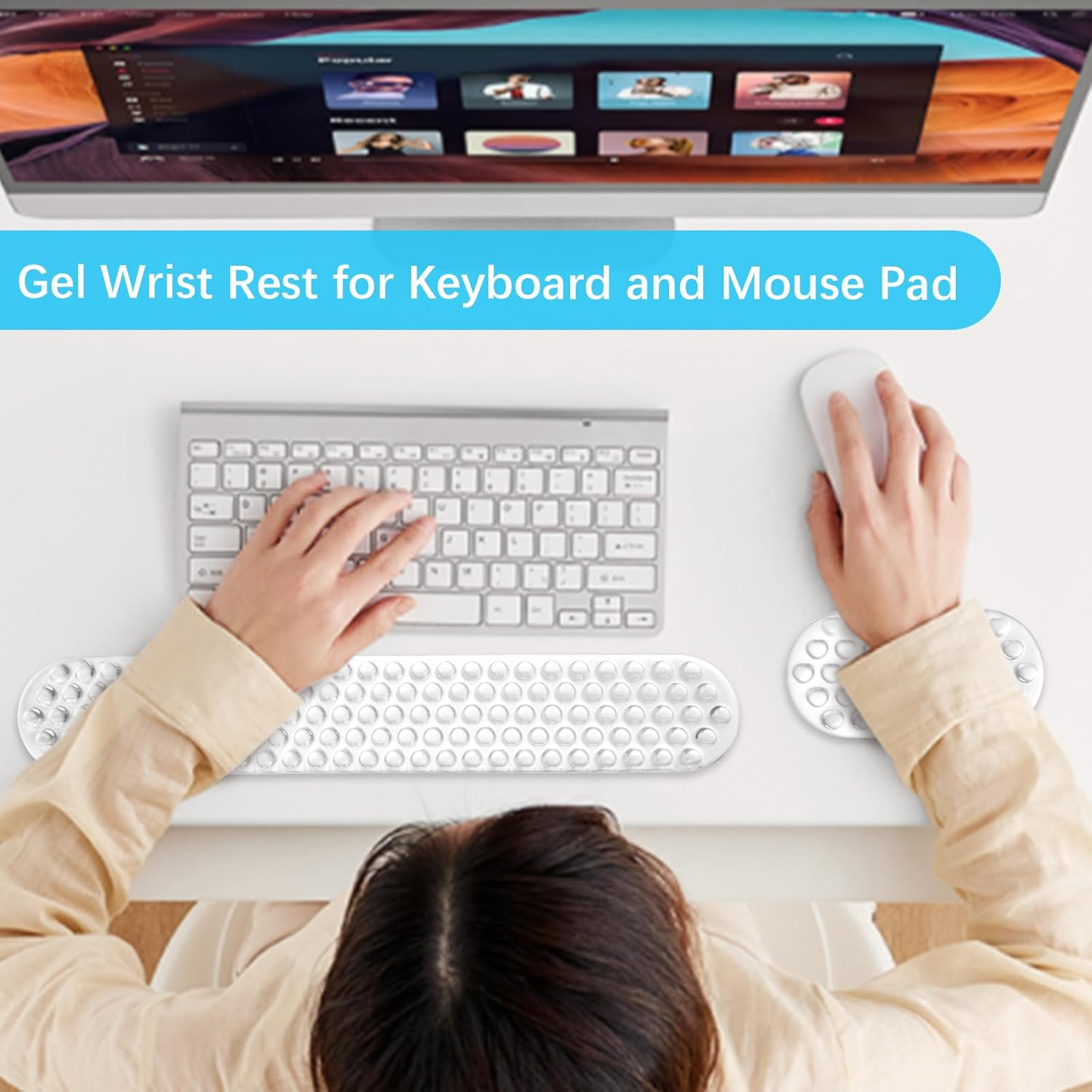 MOSISO Gel Wrist Rest Support for Mouse Pad&Keyboard Set, Ergonomic Massage Keyboard&Mouse Pad Set, Non-Slip Base Pain Relief&Soft Cooling Gel Computer Easy Typing Pad for Home/Office, Transparent - Transparent image number 6