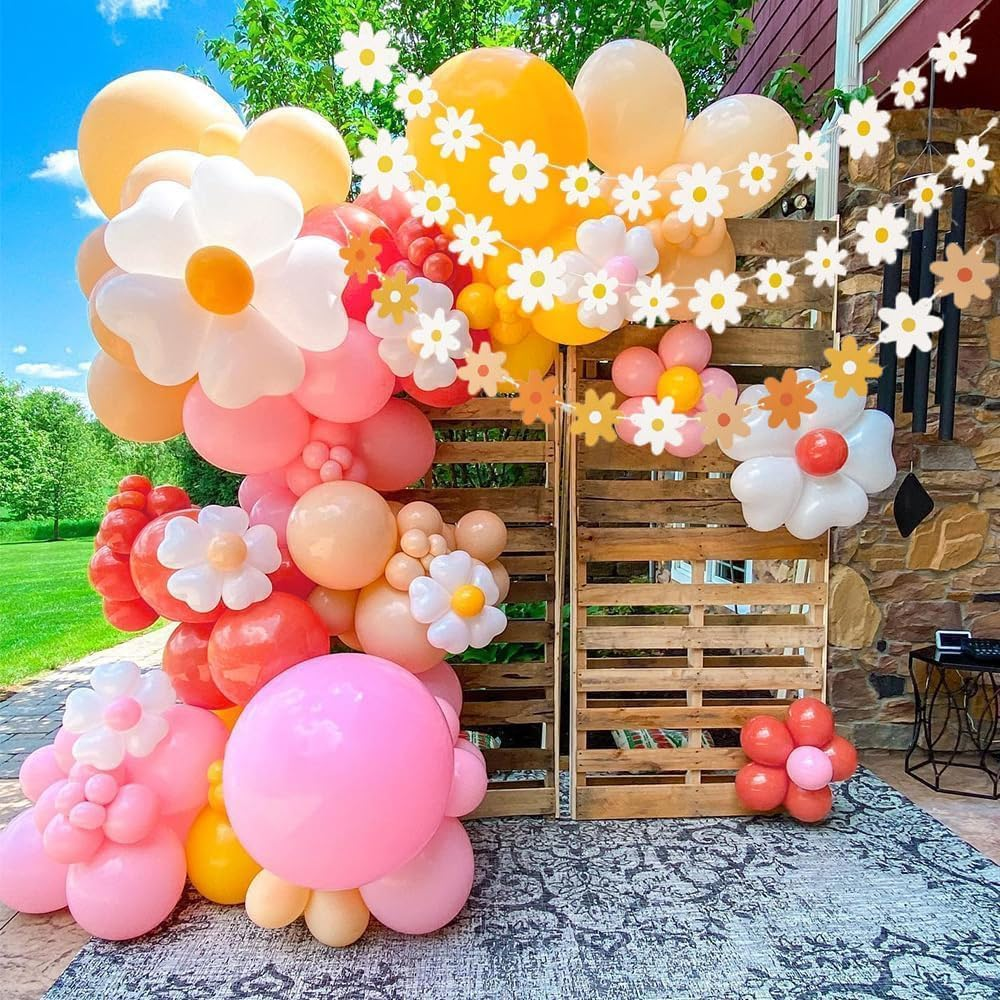 Daisy Party Banner,4 Strings Daisy Groovy Boho Party Banners,Groovy Party Favors White Daisy Decor Spring Flower Garland Daisy Paper Cutouts (Mixing Colors) - Pink image number 2