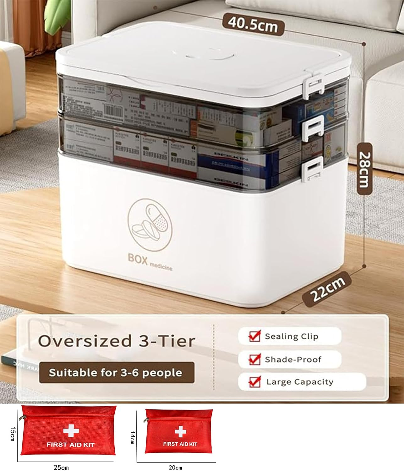 3-Tier Medicine Storage Box,Portable Medicine Organizer. Multipurpose Storage Box with Handle for Home & Travel, Ideal for Emergency First Aid (White) image number 2