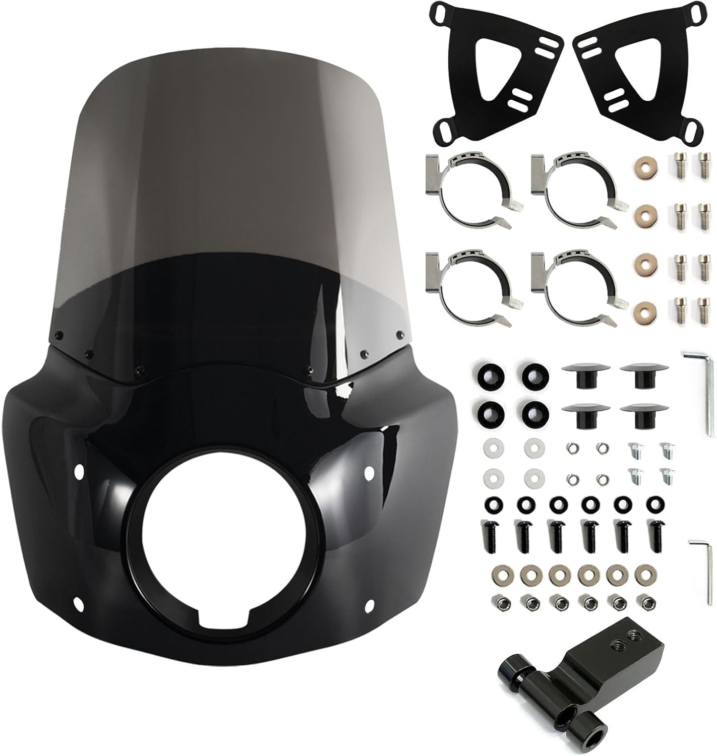 FATECIM Motorcycle 5.75" Headlight Fairing Cover 11" Dark Smoke Windshield Windscreen 48-58Mm Mounting Kit Headlight Extension Block for Harley Low Rider S FXLRS 2020 2021 2022 - Road Warrior Style