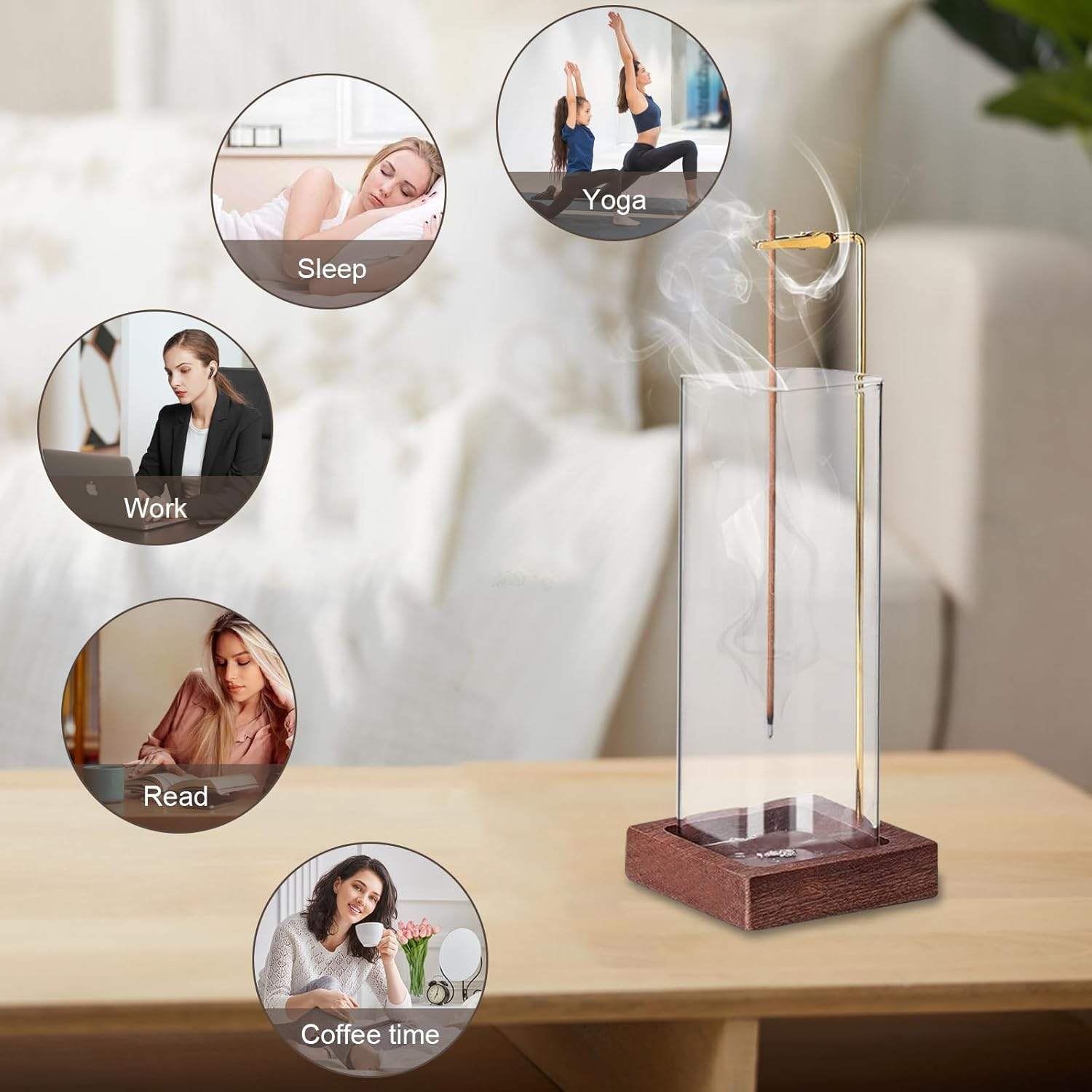 Incense Holder Wooden, Brass Incense Burner Holder with Removable Glass Ash Catcher Incense, Upside-Down Ash Catcher for Yoga Spa Meditation Home Decor image number 3