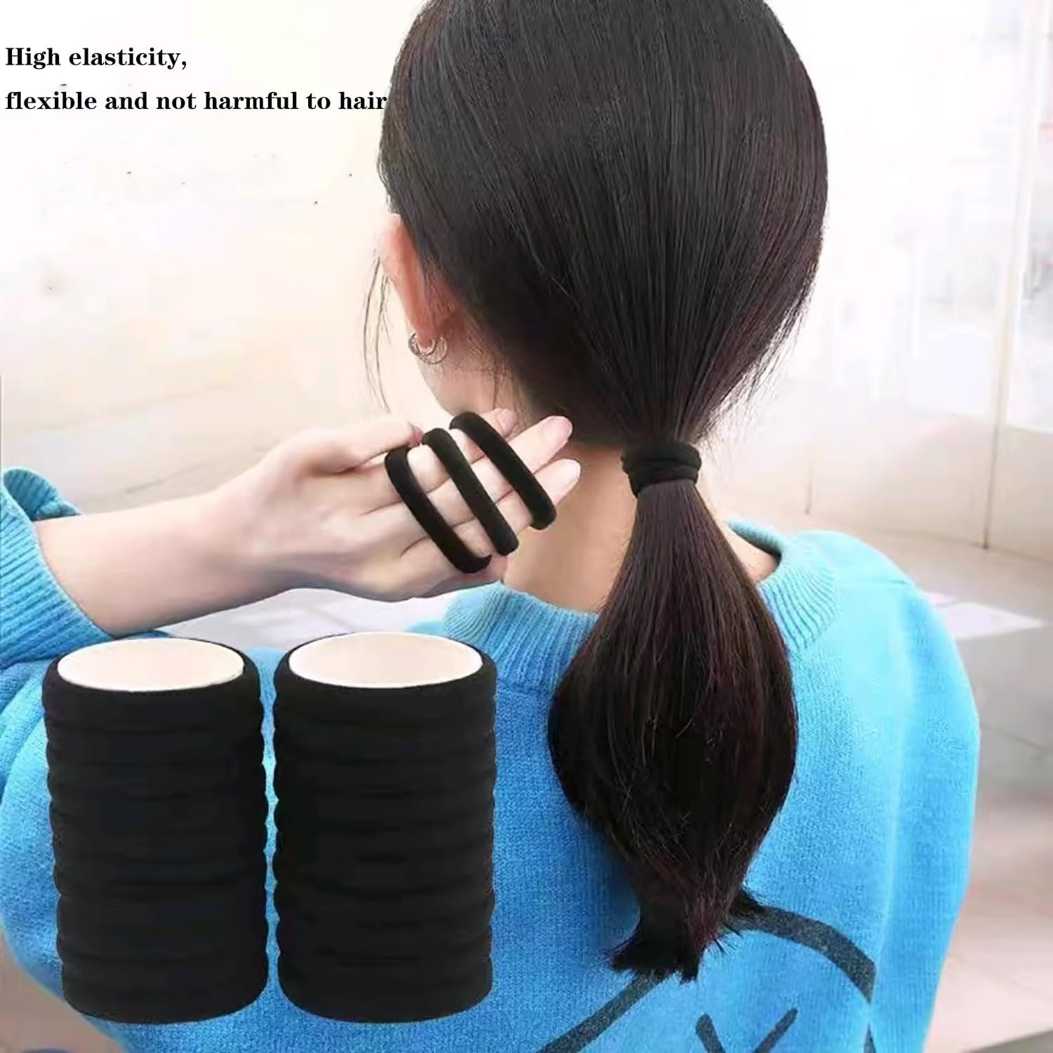 50Pcs Black Thick Seamless Bands Elastic Ties Soft Ponytail Holders for Women Girls Rubber Bands Hair Ties (Black)