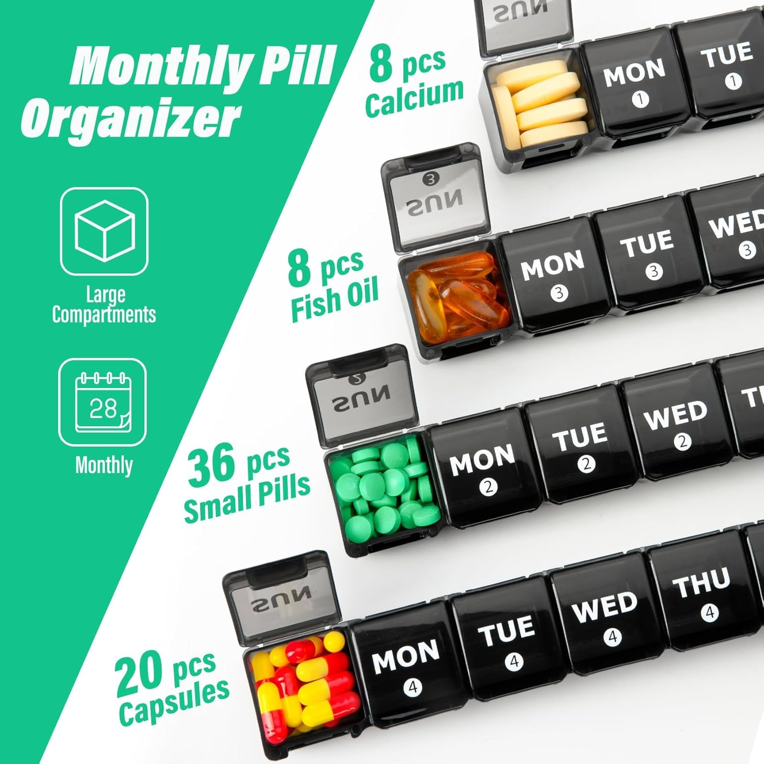 Large Monthly Pill Organizer, XL 4 Weeks Pill Box,28 Day Pill Cases Organizerd by Week,Big Compartment Pill Container with Dust-Proof,For Pills/Vitamin/Fish Oil/Supplements,By Yaklim (Black) - Black image number 6