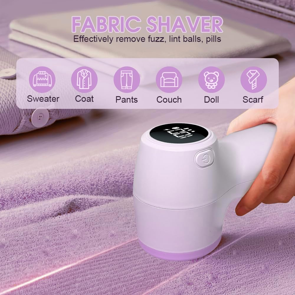 Sonicefit Fabric Shaver Lint Remover, Rechargeable Sweater Defuzzer with 6-Leaf Blades, 3-Speed Lint Shaver with LED Display, Bobble Remover Debobbler for Clothes Sofa Blanket, Safety Lock (Purple) image number 1