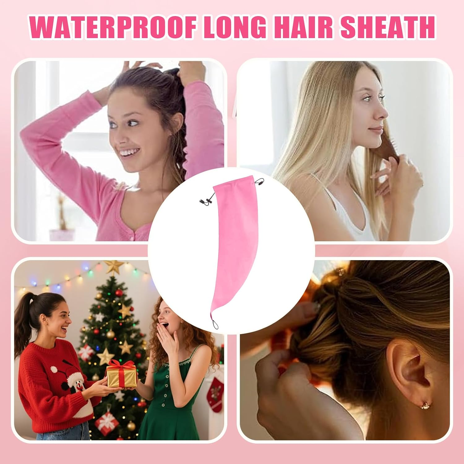 Waterproof Hair Sleeve for Ponytail | Reusable Waterproof Headband - 22X6 Inches Shower Caps Ponytail | for Girls Home Gym Beach Swim Makeup Travel Dreadlocks Braids - Pink image number 5