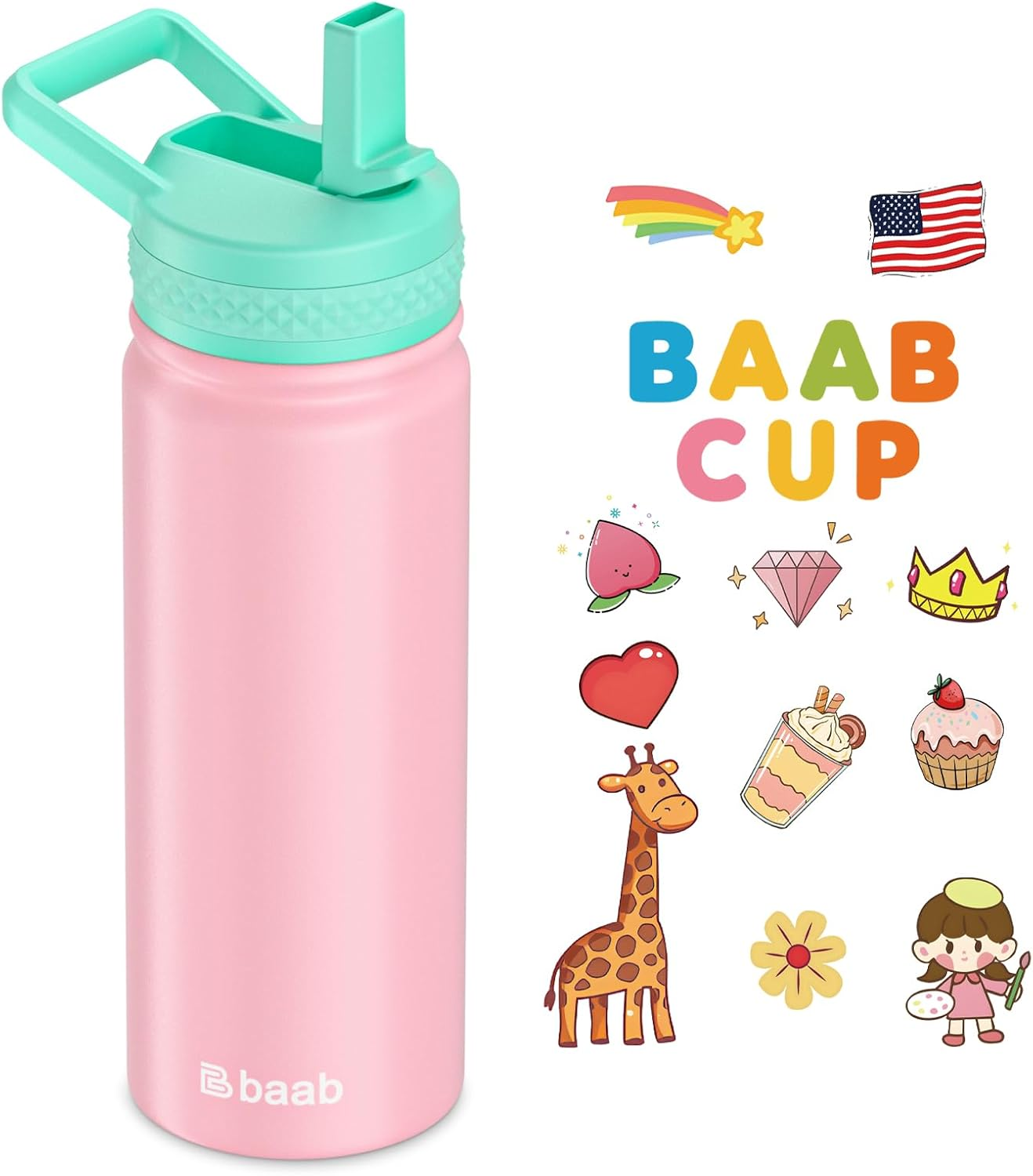 Baab 18Oz Kids Water Bottle, Insulated Water Bottle with Straw & Stickers, 18/8 Stainless Steel Vacuum Leakproof Kids Water Straw Cup for Sports Travel & School (Light Blue, 1 Pack)