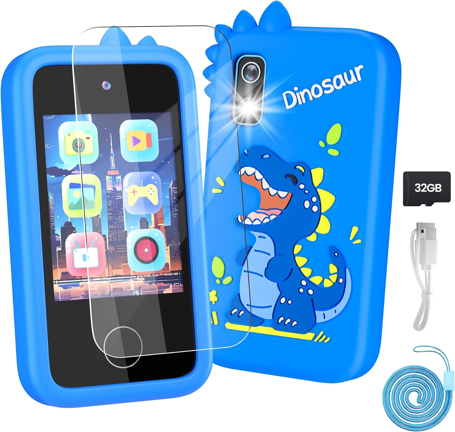 Kids Phone with Camera for Boys with Touchscreen, 32G Card Christmas Birthday Gifts for Age 3-8 Kids Dual Camera, Music Player (Blue Dinosaur) image number 2
