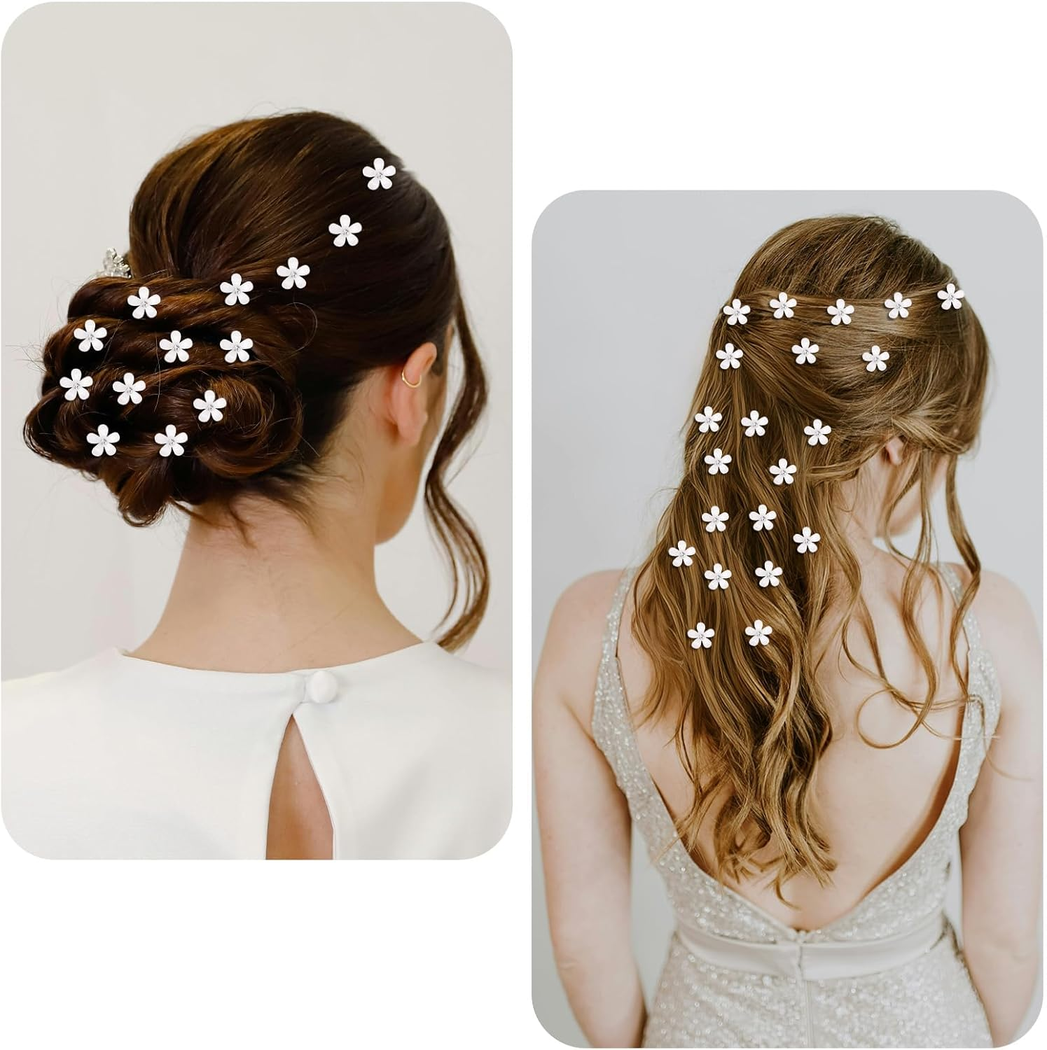 KIUEZIR Pack of 20 Small White Flowers Hair Clips Set - Smooth Crystal Surface with Rhinestones Decoration & Metal Clips, Mini Grip Clips for Women Everyday/Party/Wedding Hairstyles image number 3