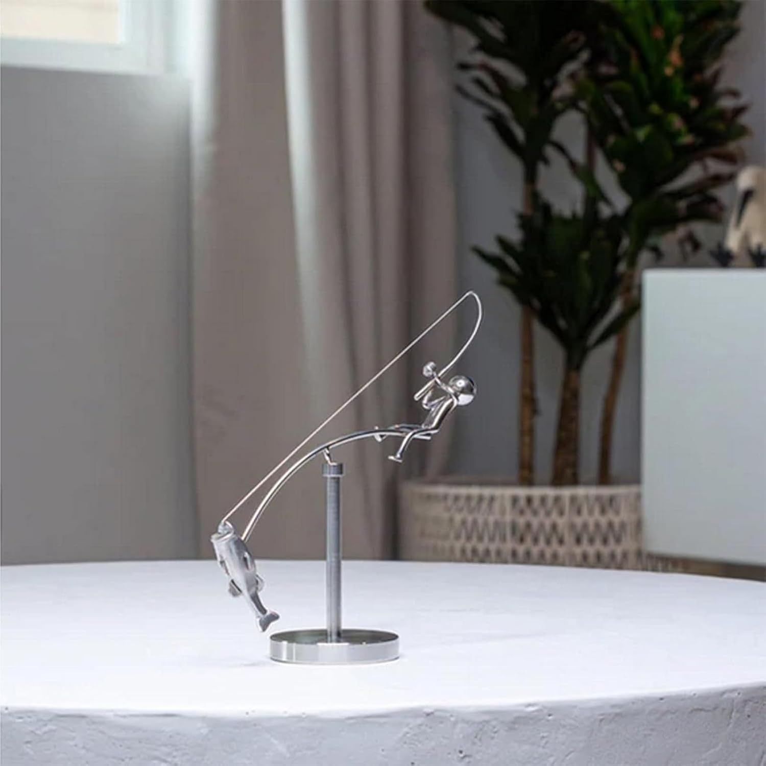 Swinging Fisherman Sculpture,Metal Swinging Sticks Fishing Balancing Statue,Moving Fishing Desktop Decoration for Art Collectors Fisherman Decor image number 4