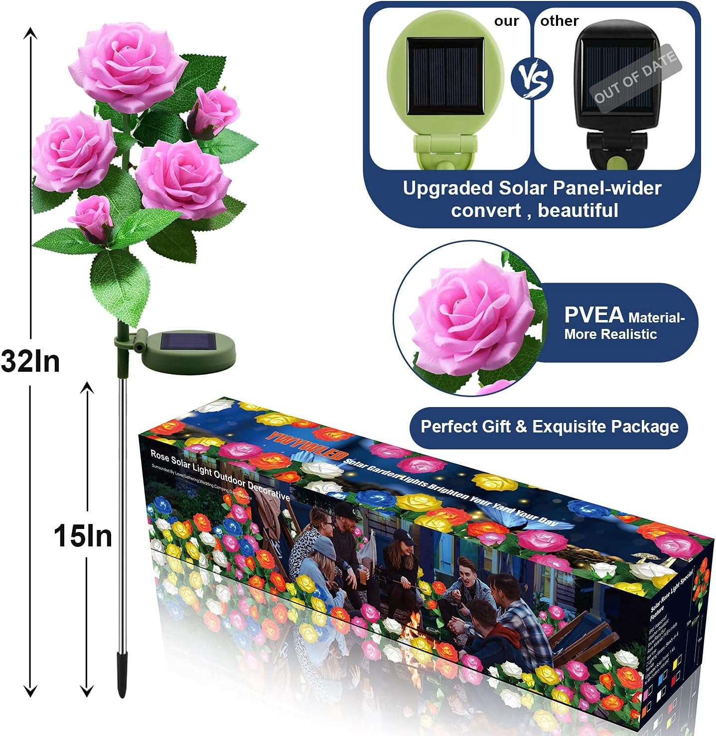 Solar Flower Lights Outdoor - Upgraded New Material Two Modes Realistic LED Solar Powered Waterproof Lights with 5 Roses, Solar Decorative Stake Lights for Garden Patio Yard Pathway Lawn(Pink) image number 2